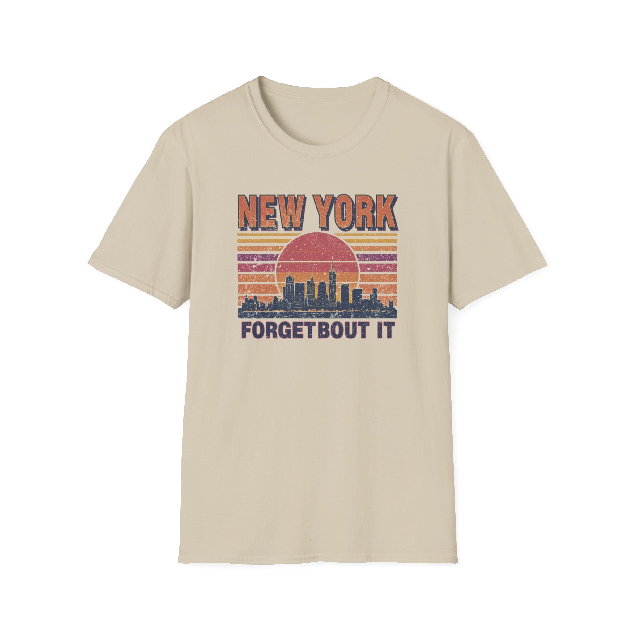 New York Skyline T‑Shirt – “Forgetbout It” Vintage Sunset Tee