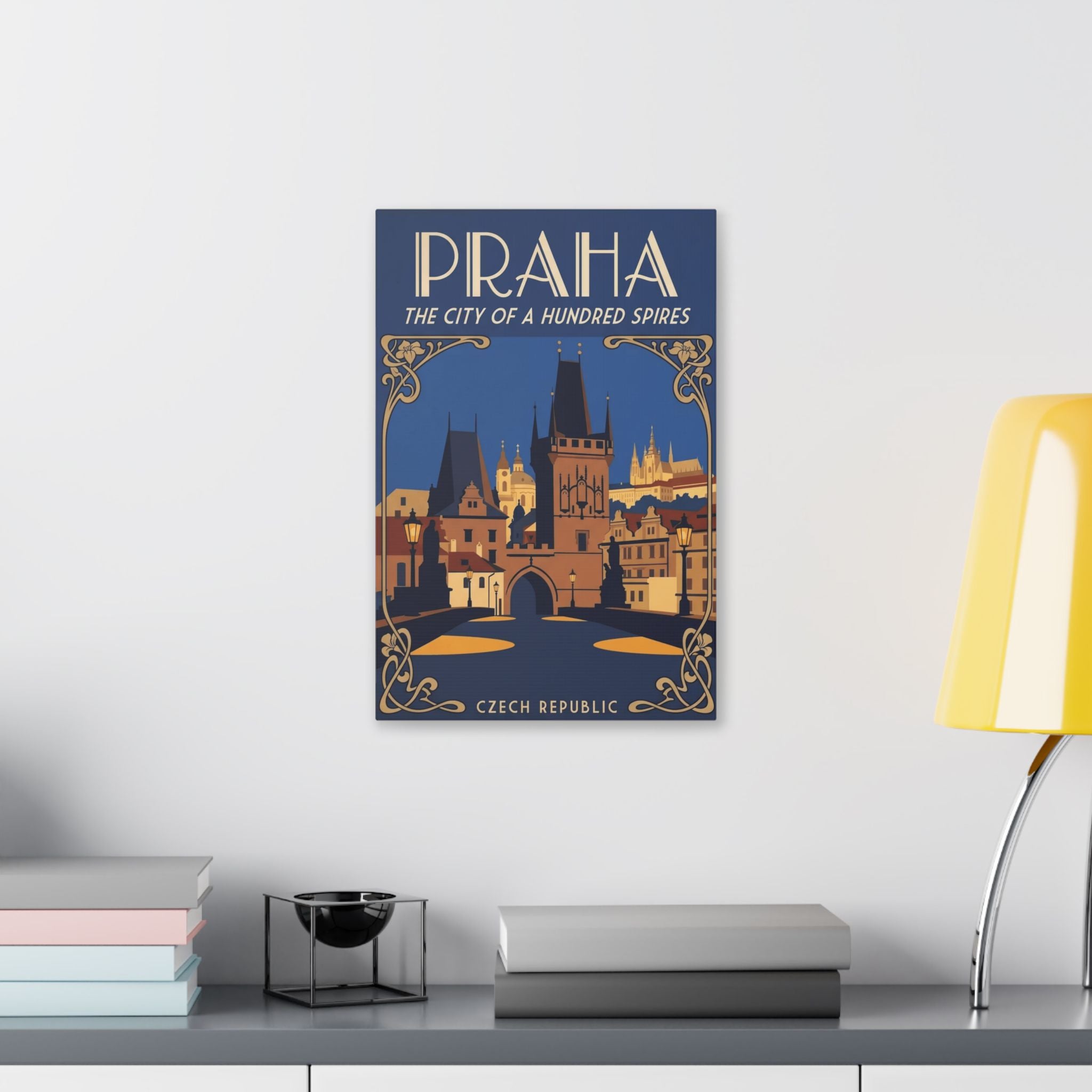 Praha Vintage Travel Canvas — "The City of a Hundred Spires" Stretched Wall Art