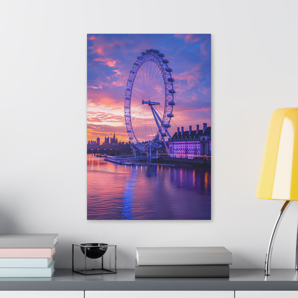 London Eye Sunset Canvas Wall Art — Purple Sunrise Cityscape Stretched Canvas