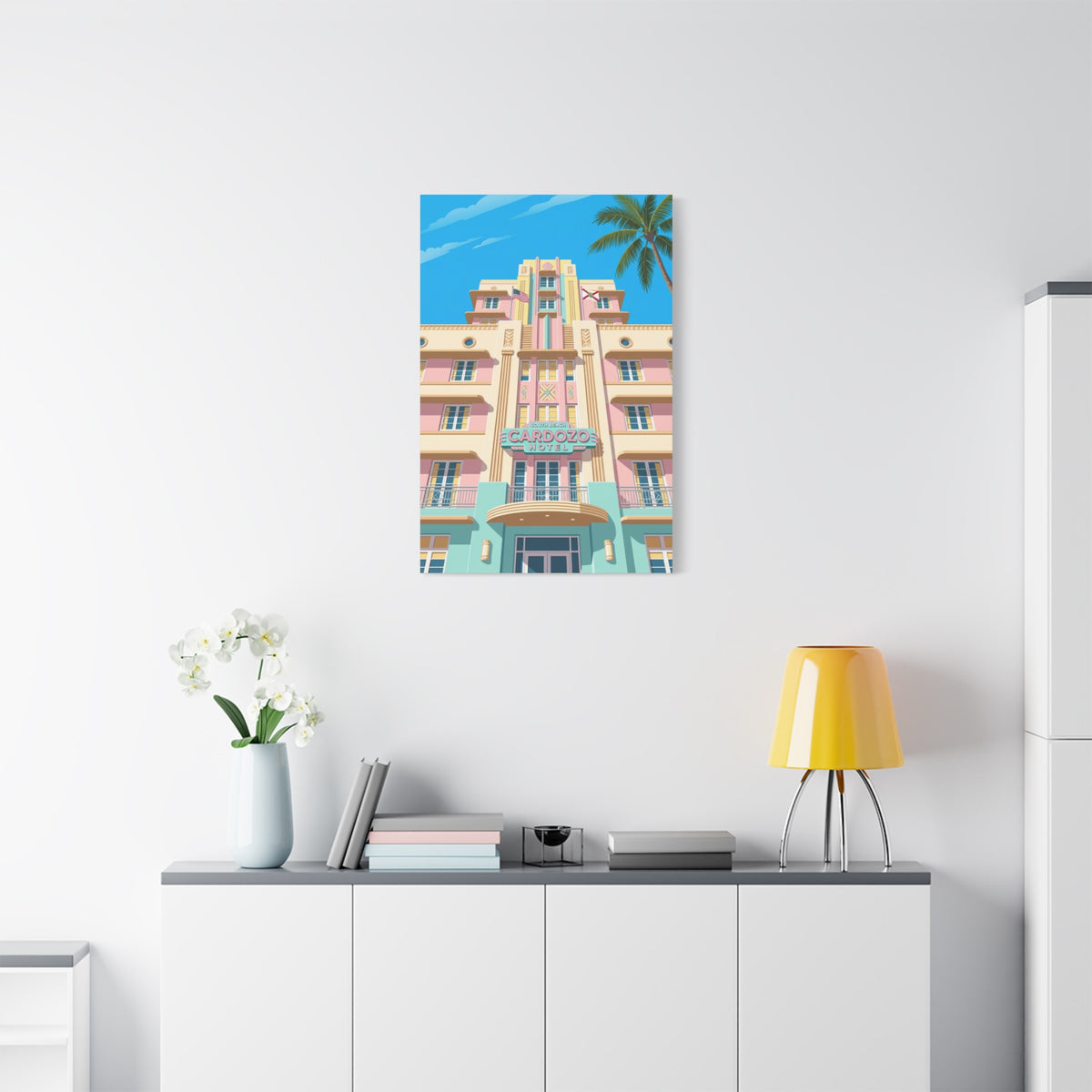 Art Deco Beach Hotel Canvas — Miami Palm Retro Stretched Wall Art