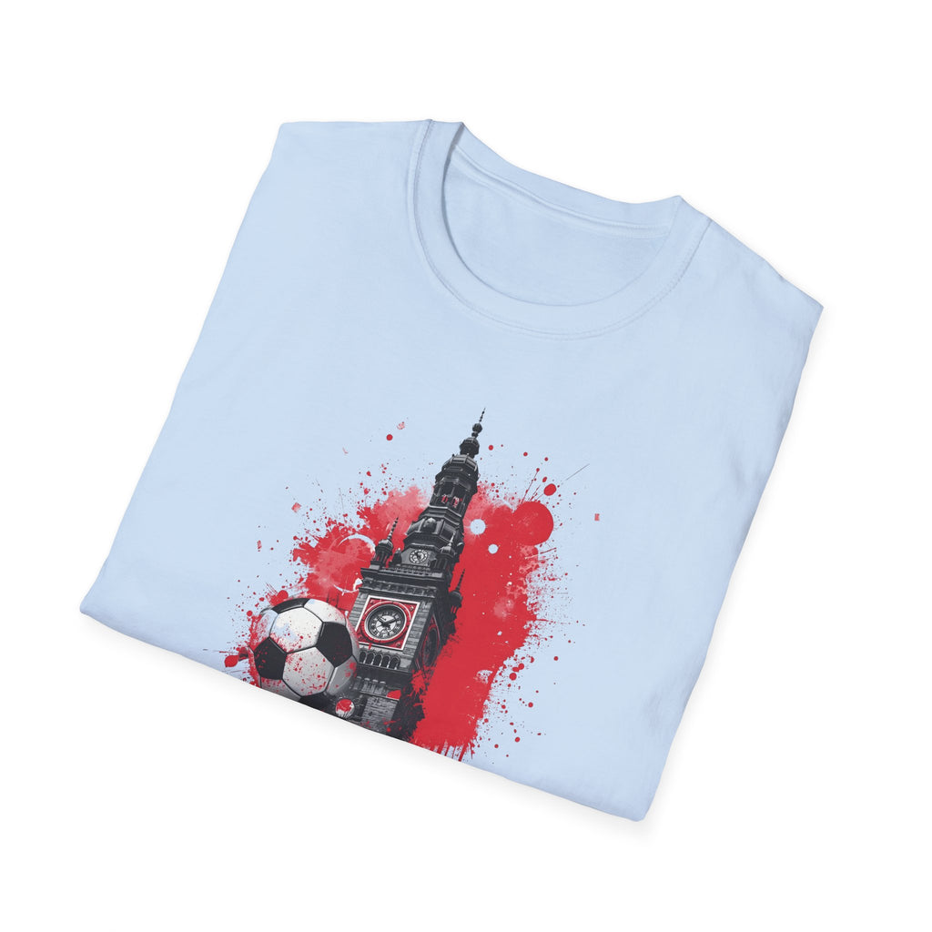 Munich Football Illustration T-Shirt | Soccer Ball, Clock Tower, Red Paint Splatter