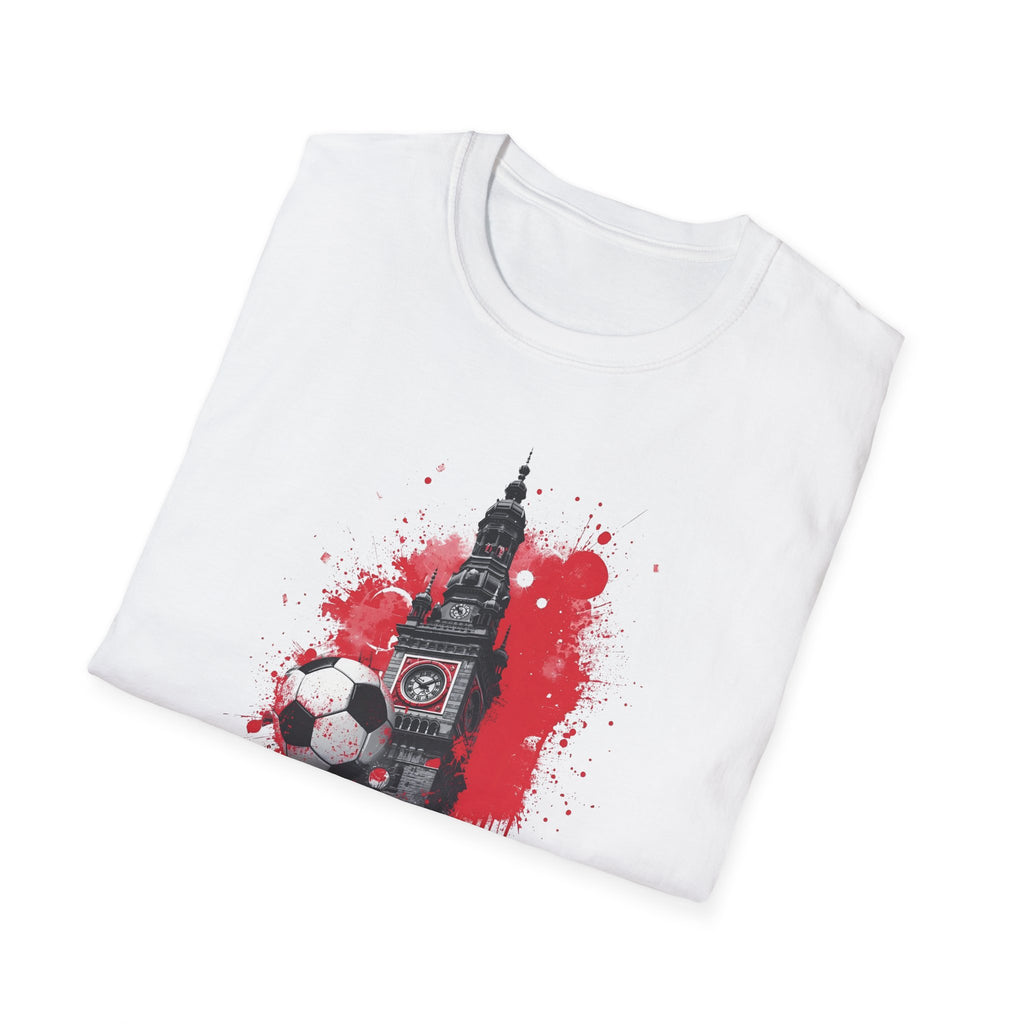Munich Football Illustration T-Shirt | Soccer Ball, Clock Tower, Red Paint Splatter