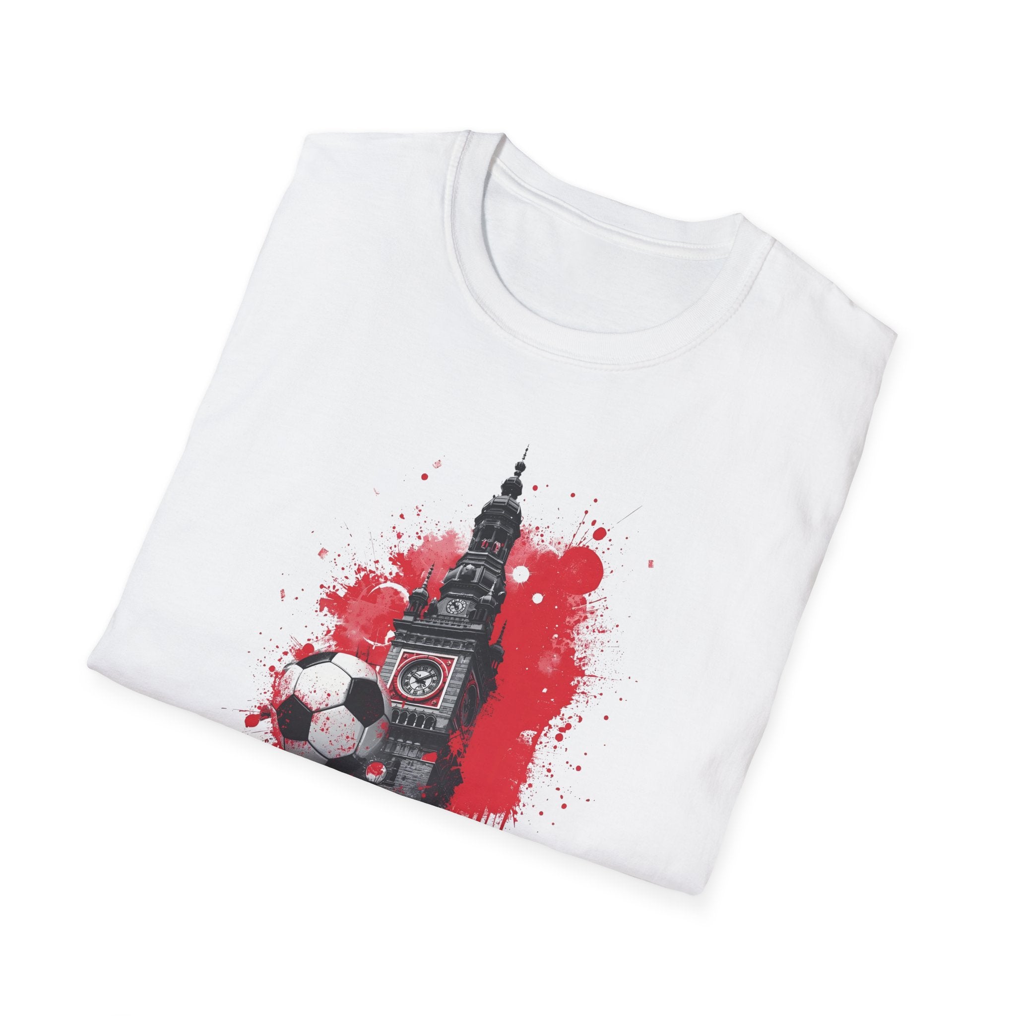 Munich Football Illustration T-Shirt | Soccer Ball, Clock Tower, Red Paint Splatter