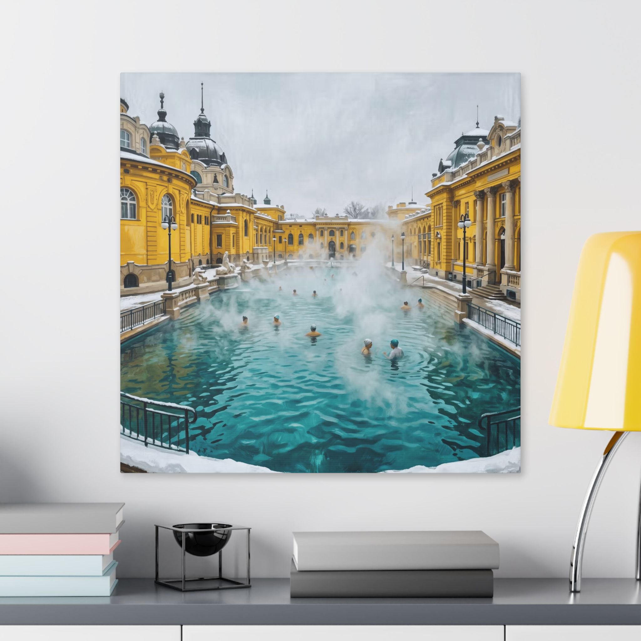 Szechenyi Thermal Bath Budapest Canvas Wall Art — Winter Spa Architecture Print