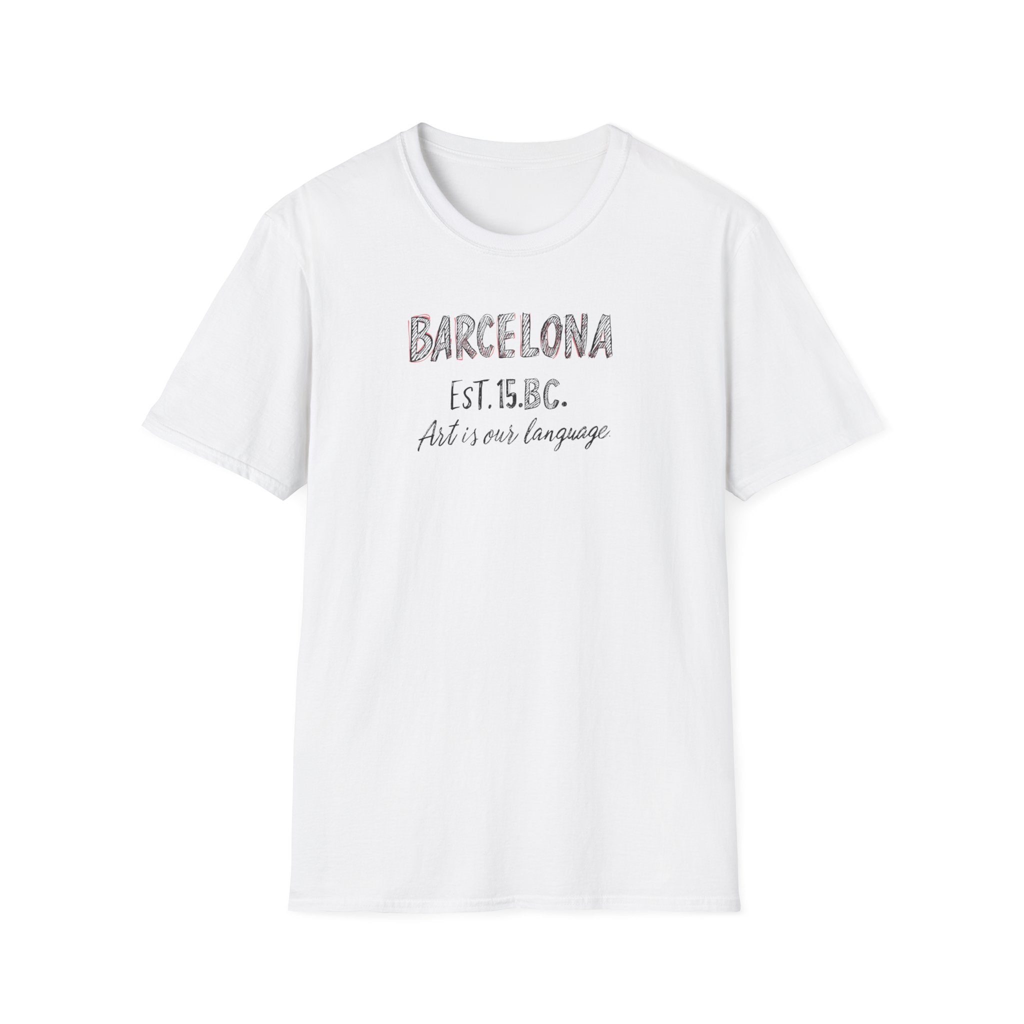 Barcelona Est. 15 B.C. T-Shirt – Vintage Travel Tee with "Art is our language" Script