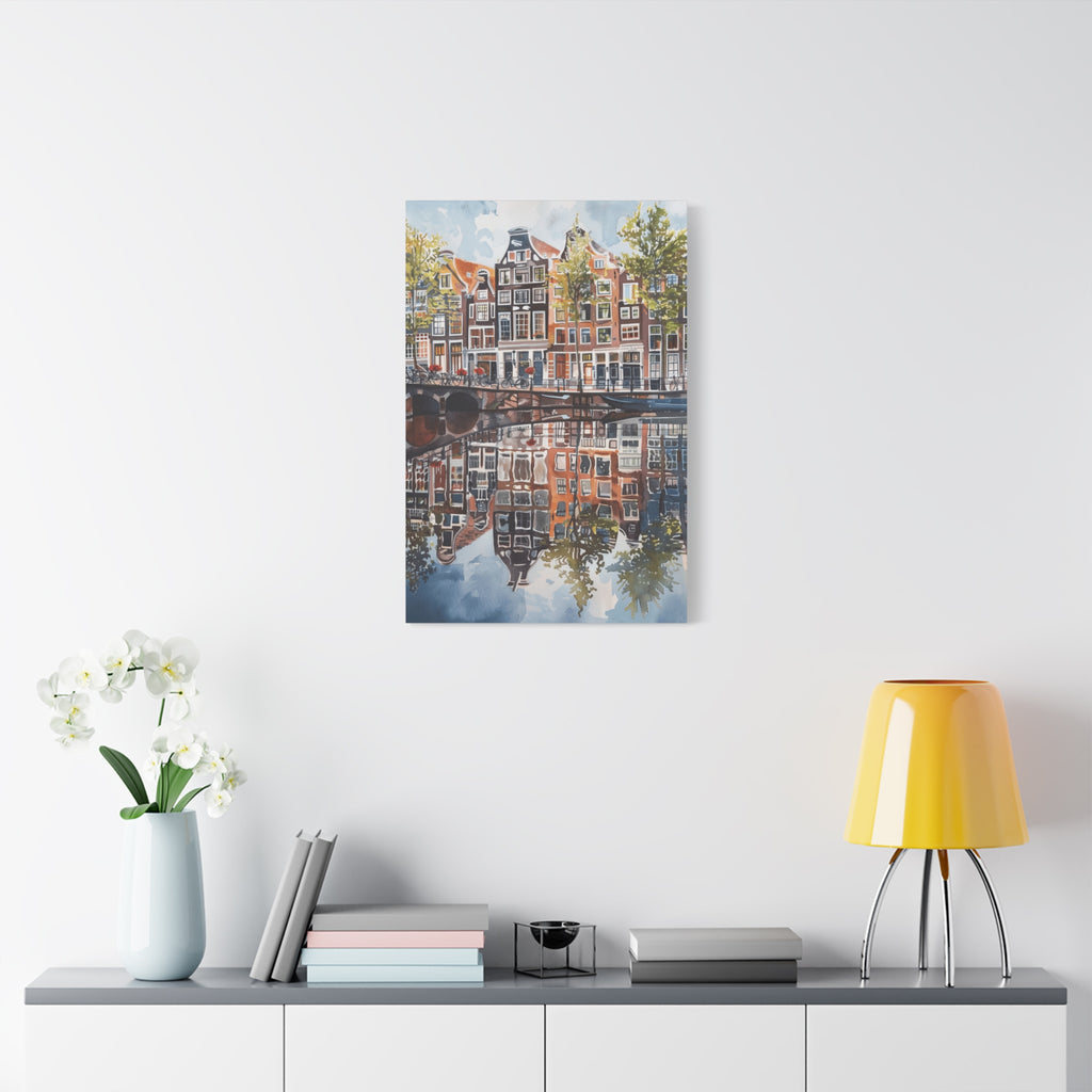 Amsterdam Canal Reflection Canvas Print — European Cityscape Wall Art