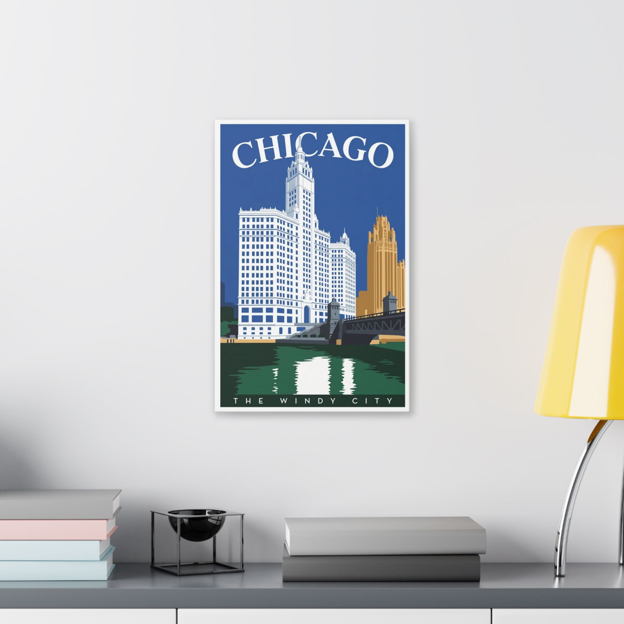 Chicago Skyline Stretched Canvas – The Windy City Retro Travel Art