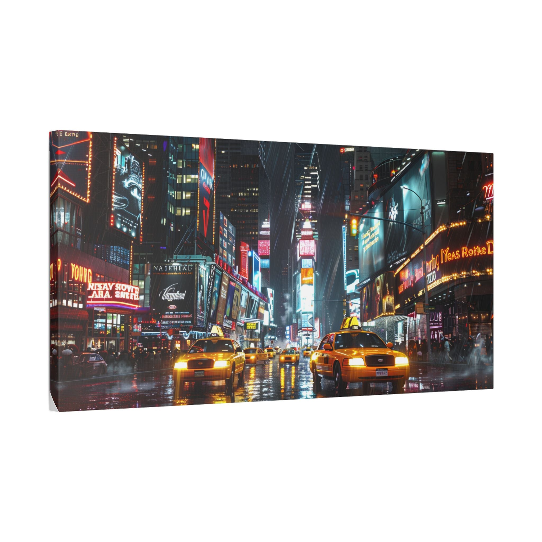 New York Night Street Canvas Print — Rainy Times Square Taxi Wall Art