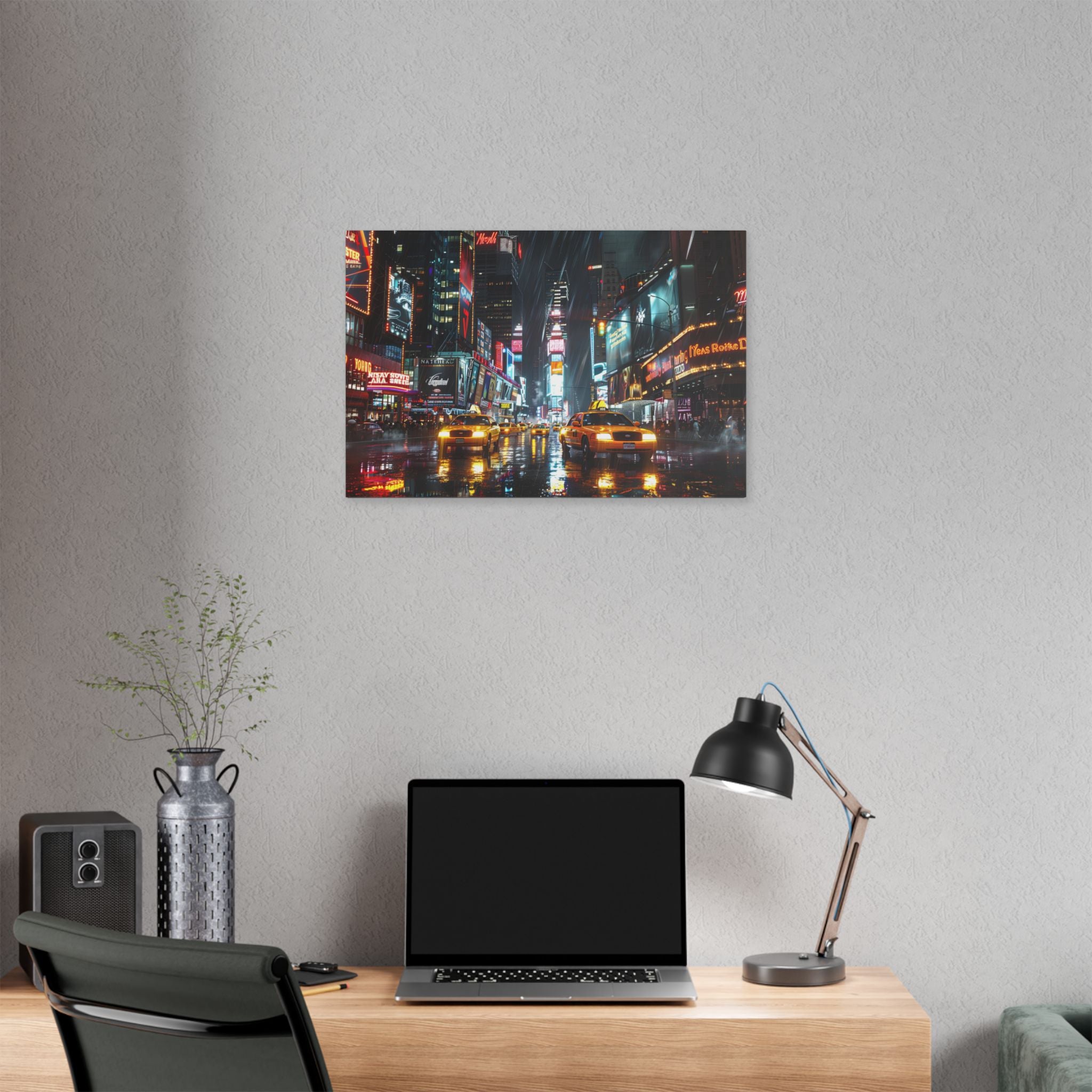 New York Night Street Canvas Print — Rainy Times Square Taxi Wall Art