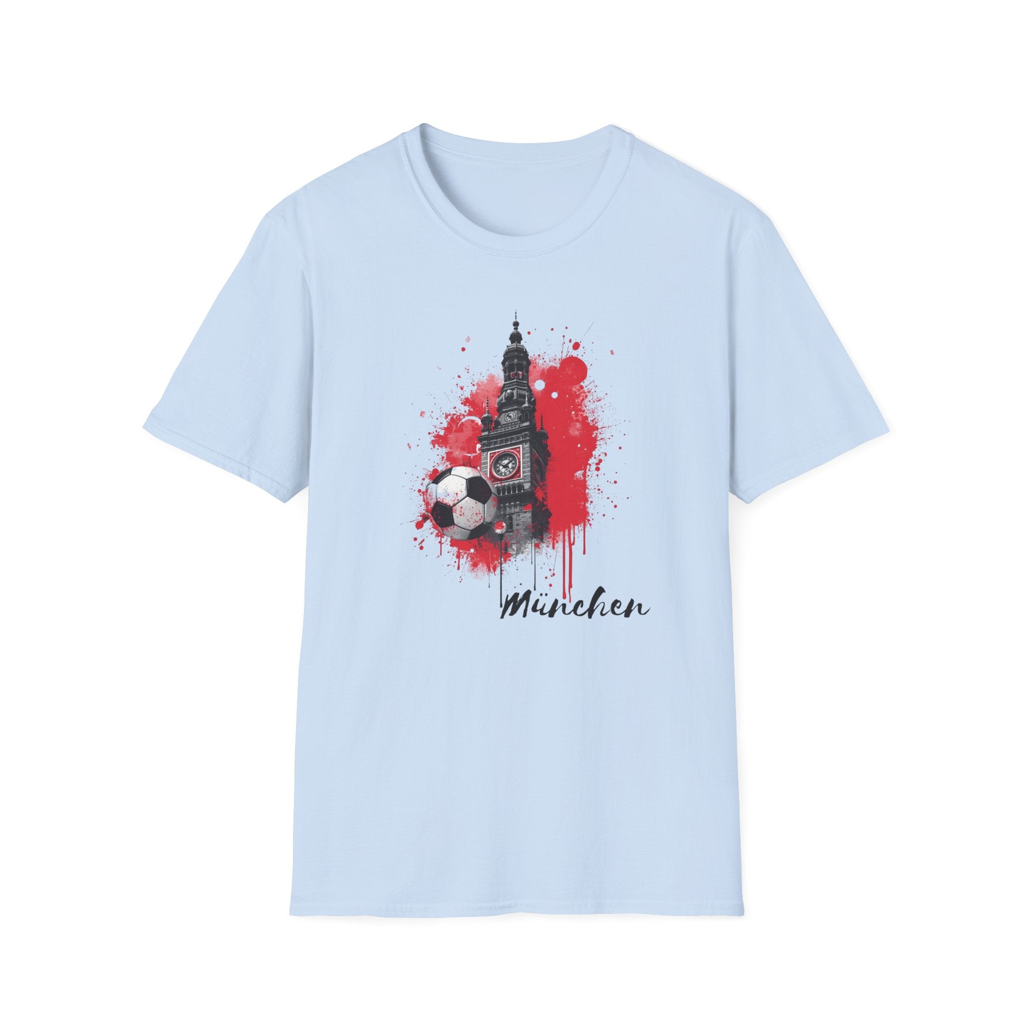 Munich Football Illustration T-Shirt | Soccer Ball, Clock Tower, Red Paint Splatter
