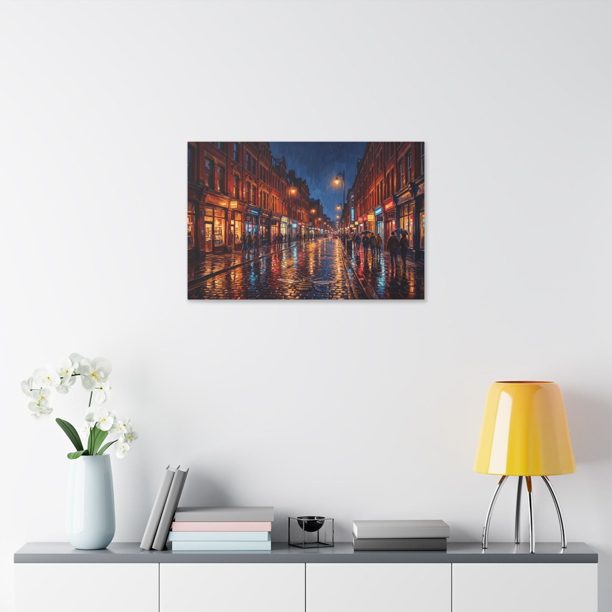 Manchester Northern Quarter - Rainy City Street Canvas Print — Evening Urban Landscape Wall Art