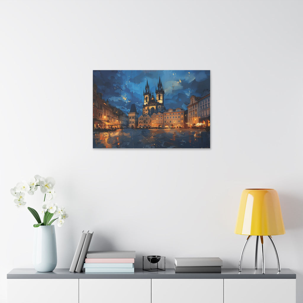 Prague Old Town Square Canvas Wall Art — Nighttime Cityscape Stretched Canvas