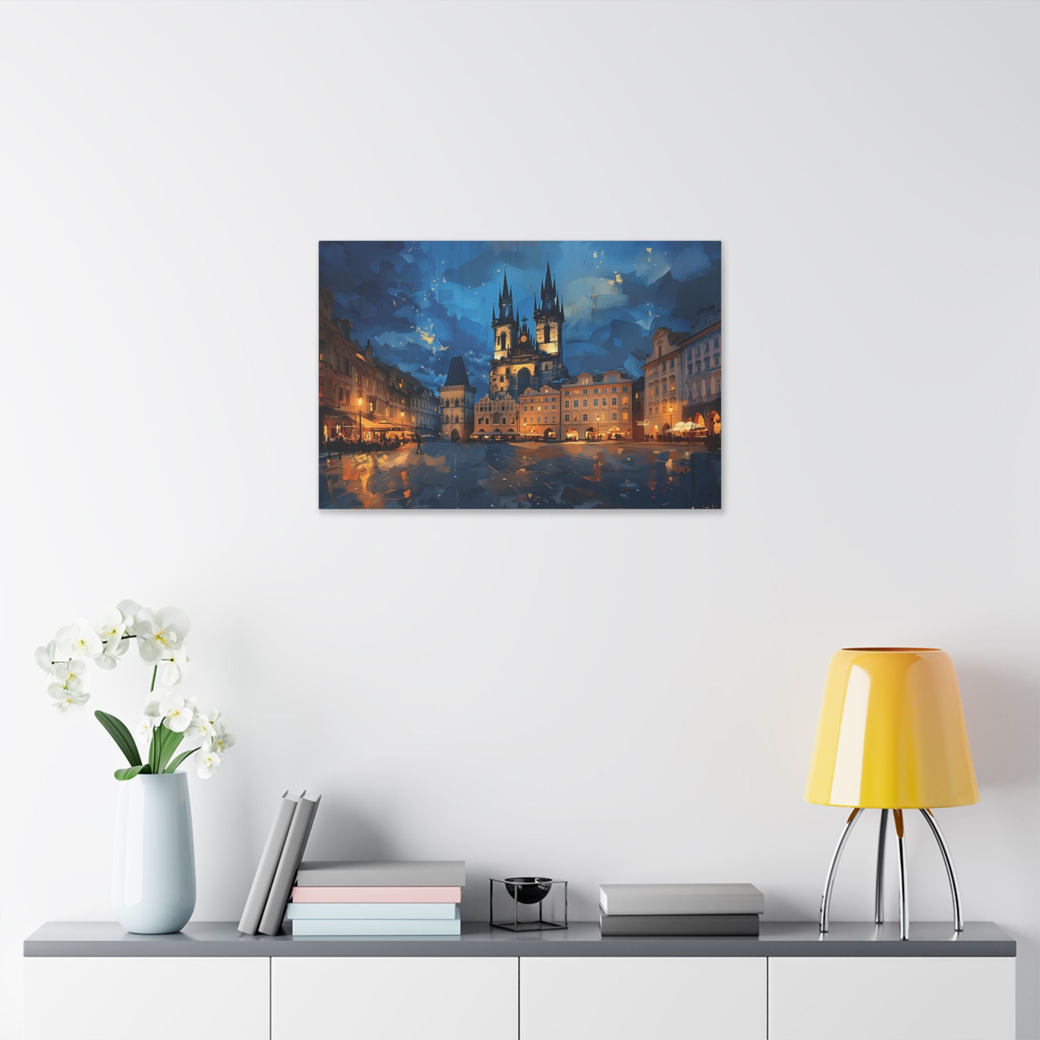 Prague Old Town Square Canvas Wall Art — Nighttime Cityscape Stretched Canvas
