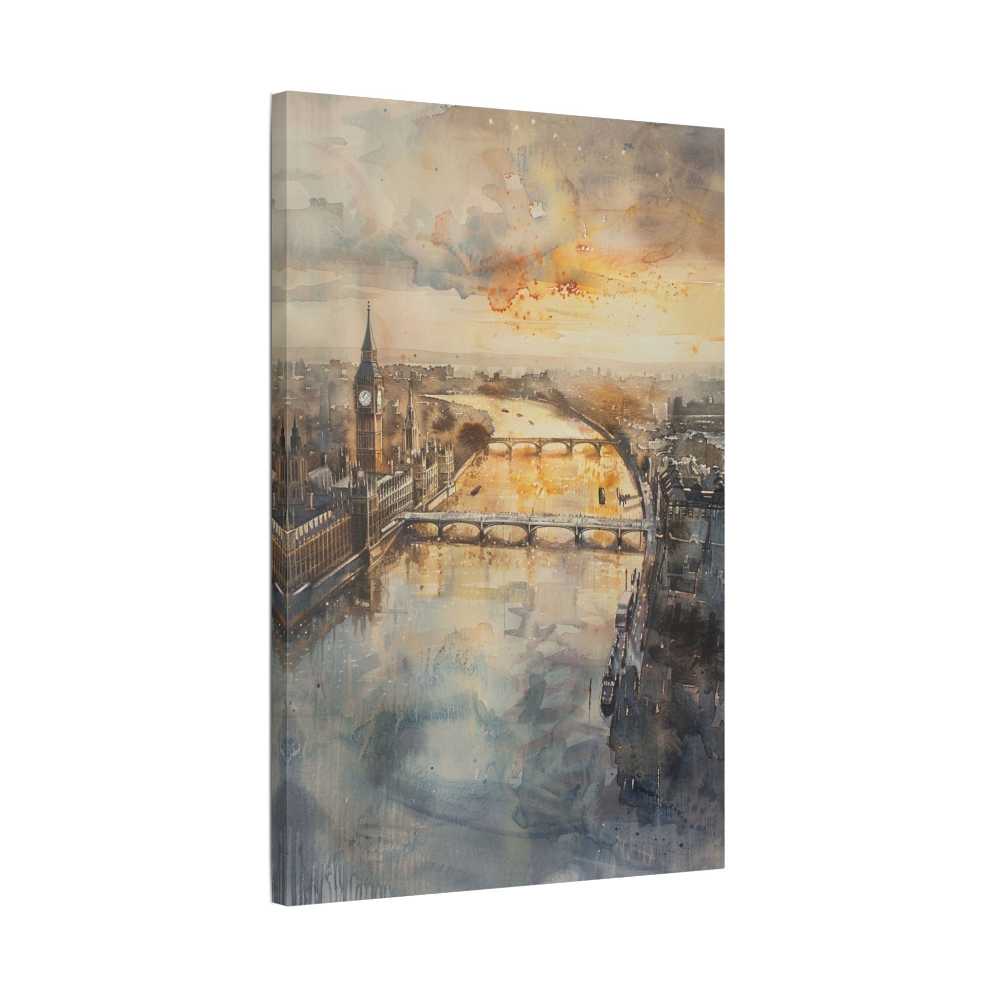London River Sunset Canvas Print — Watercolor Cityscape Wall Art