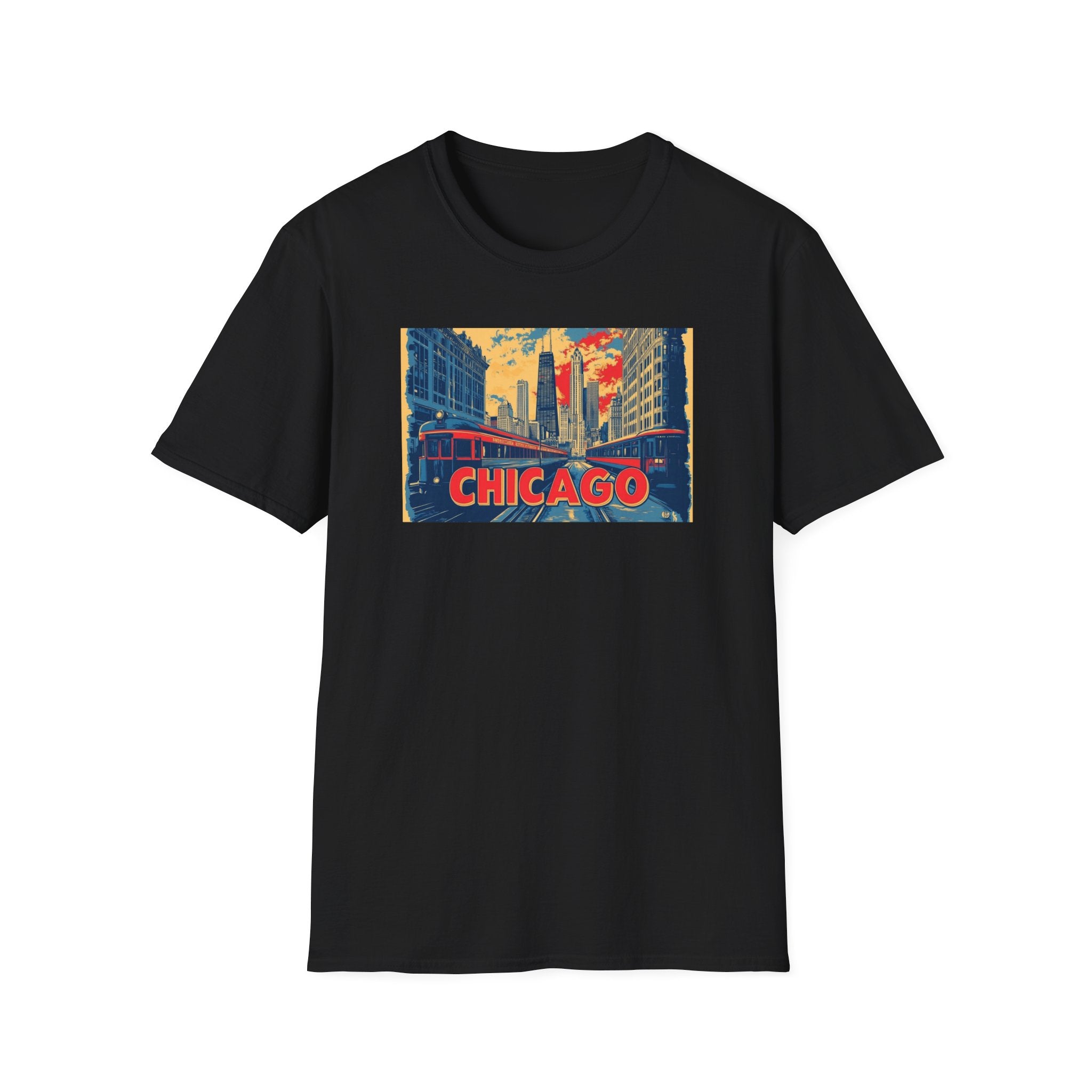 Chicago Cityscape T-Shirt | Vintage Skyline, El Train Poster Style