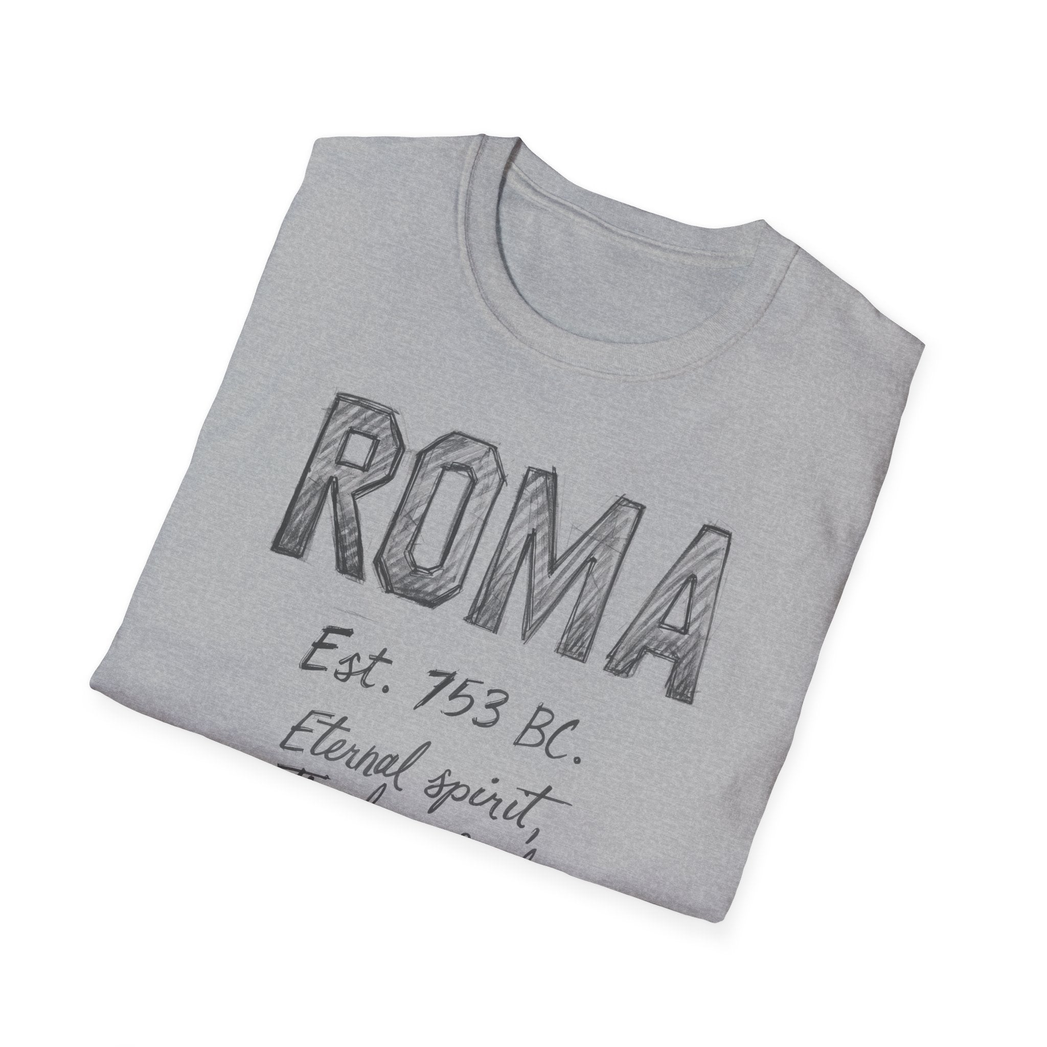 Roma Vintage Script T-Shirt — 'Roma Est. 753 BC, Eternal spirit, Timeless soul'