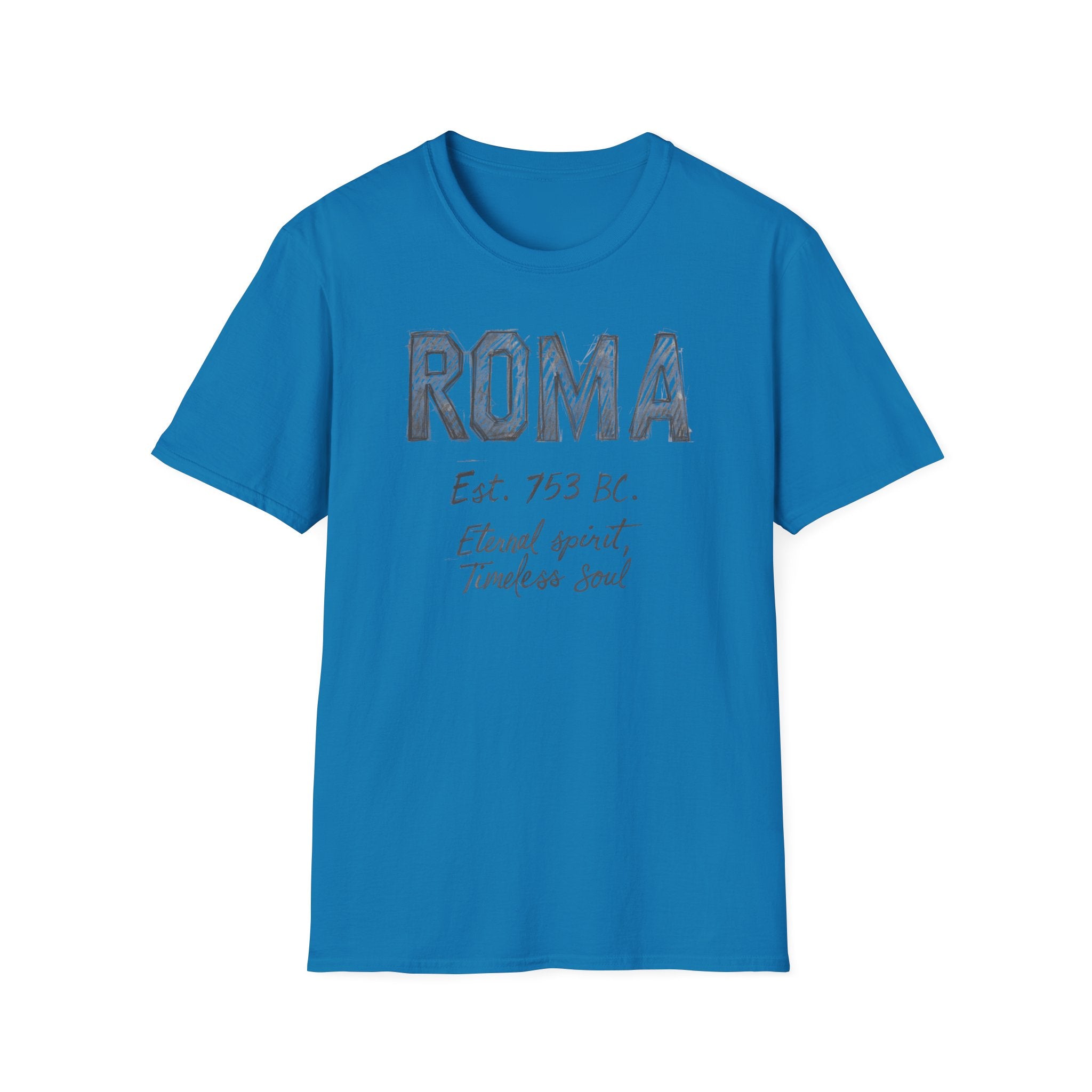 Roma Vintage Script T-Shirt — 'Roma Est. 753 BC, Eternal spirit, Timeless soul'