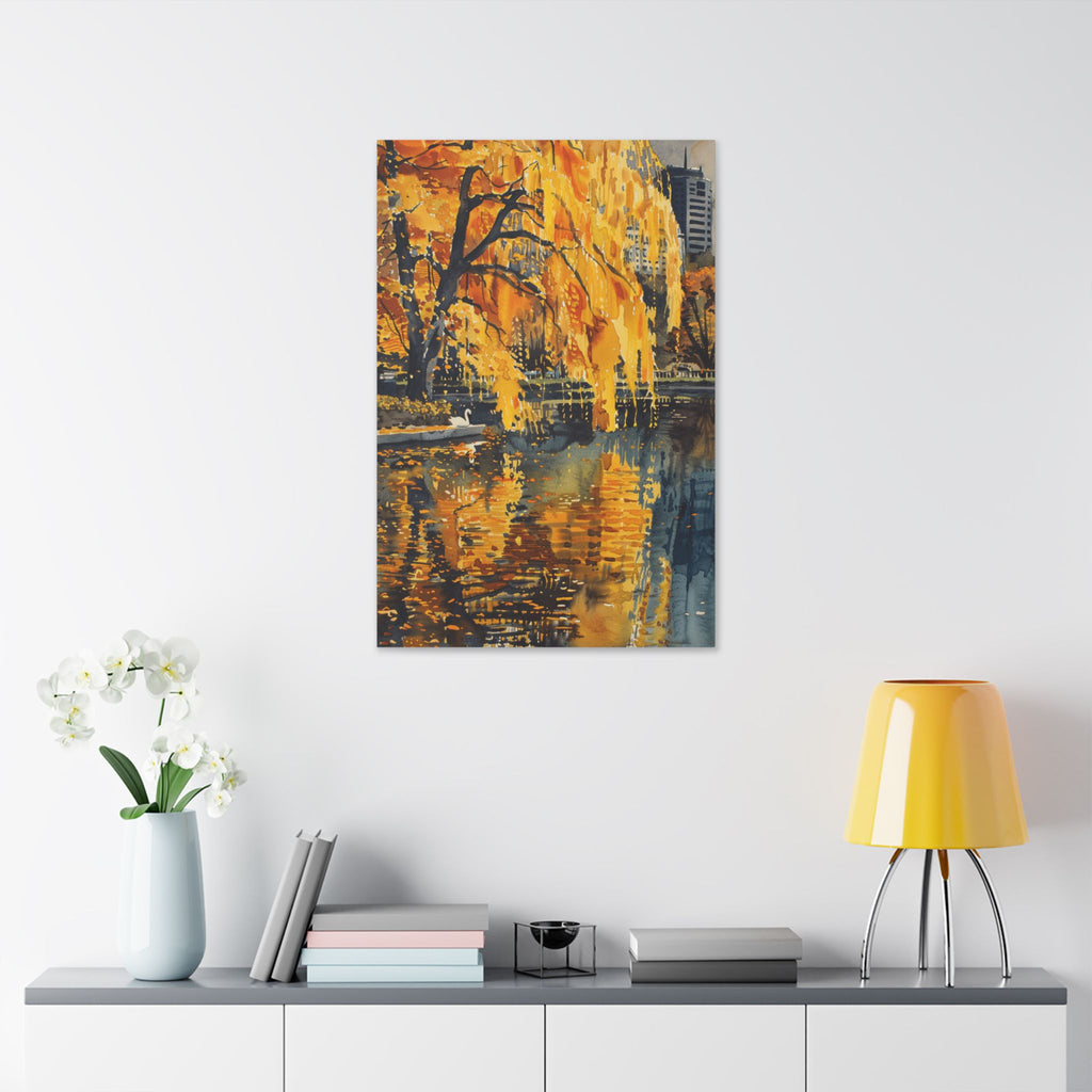 Boston Skyline with Hancock Tower in the background -Autumn Cityscape Canvas - Golden Willow Lake Stretched Wall Art
