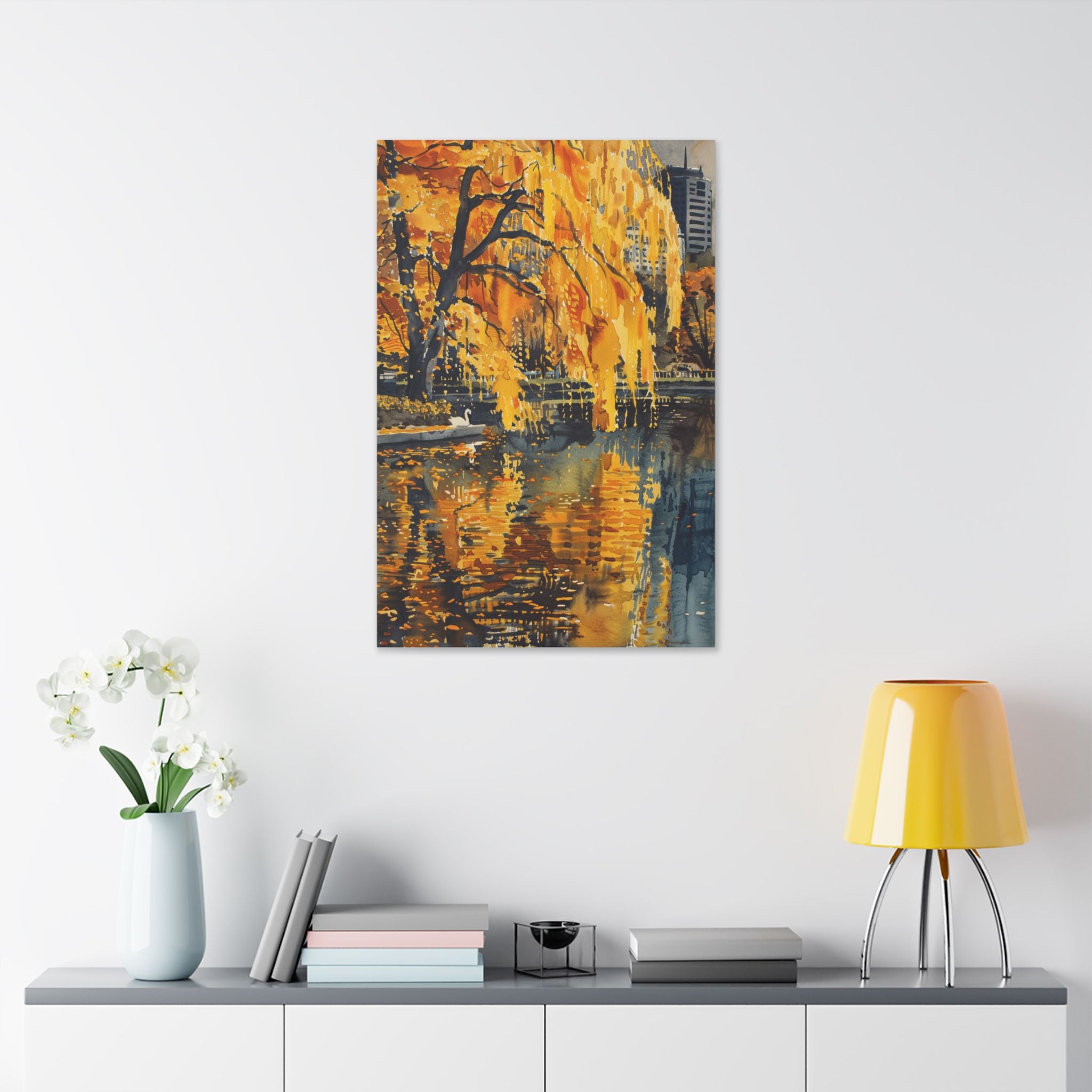 Boston Skyline with Hancock Tower in the background -Autumn Cityscape Canvas - Golden Willow Lake Stretched Wall Art