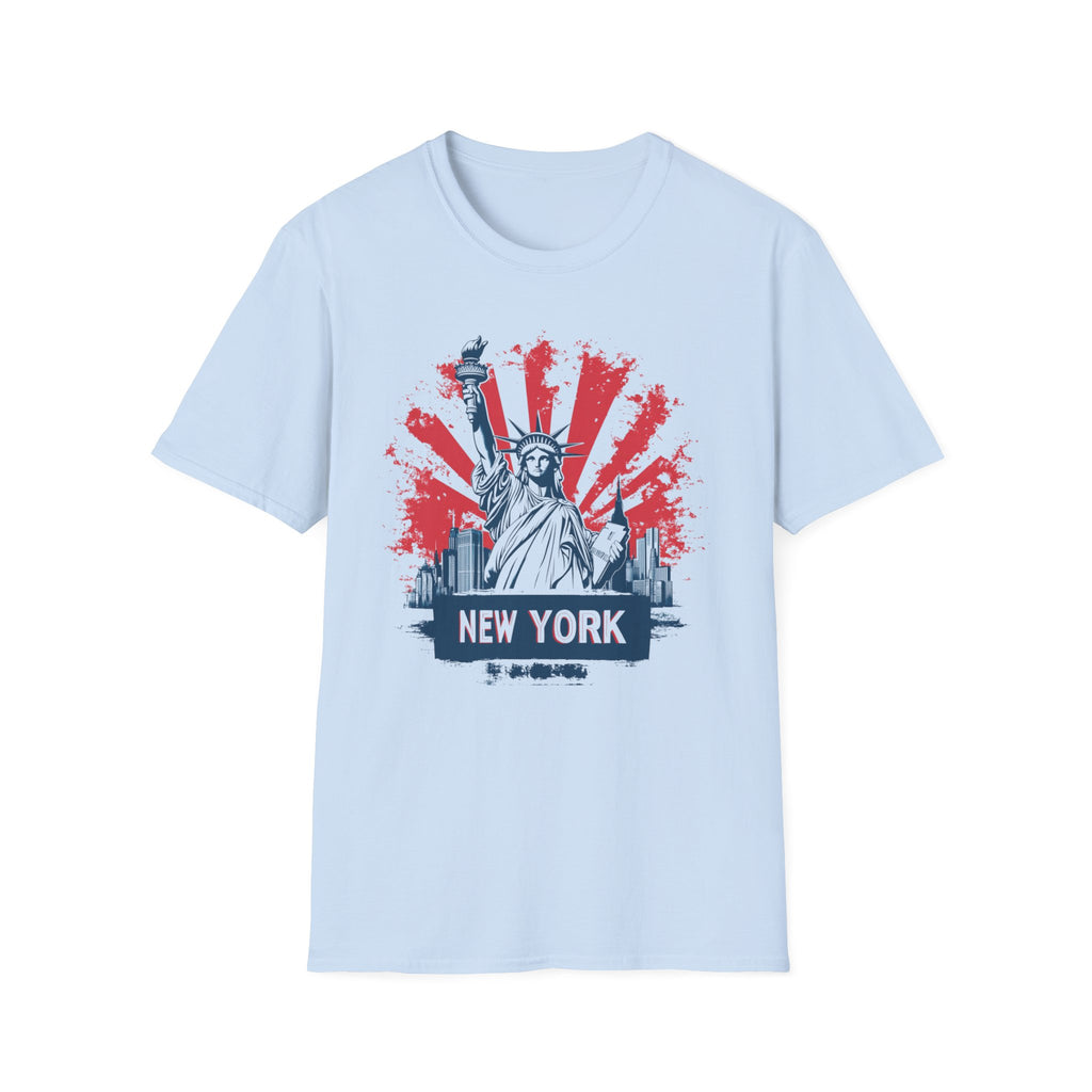 Statue of Liberty New York T-Shirt | City Skyline, Red Rays Graphic