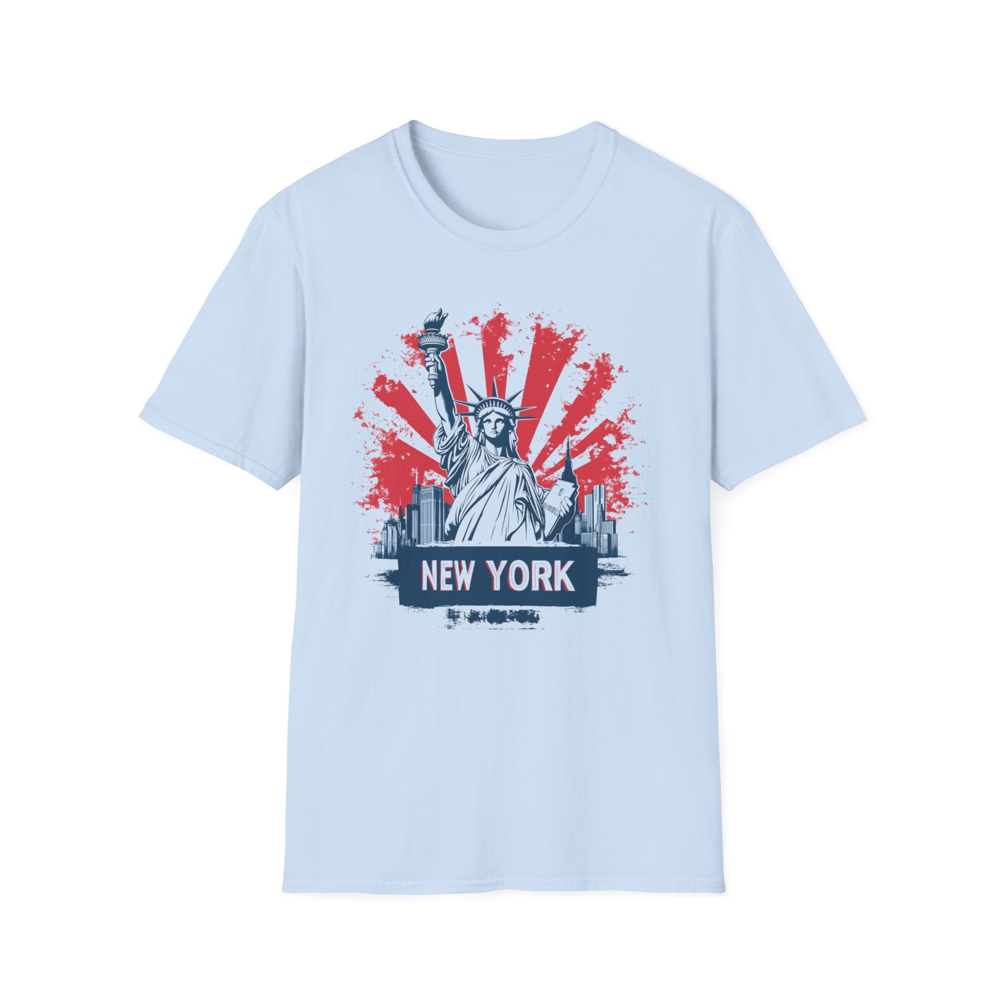Statue of Liberty New York T-Shirt | City Skyline, Red Rays Graphic