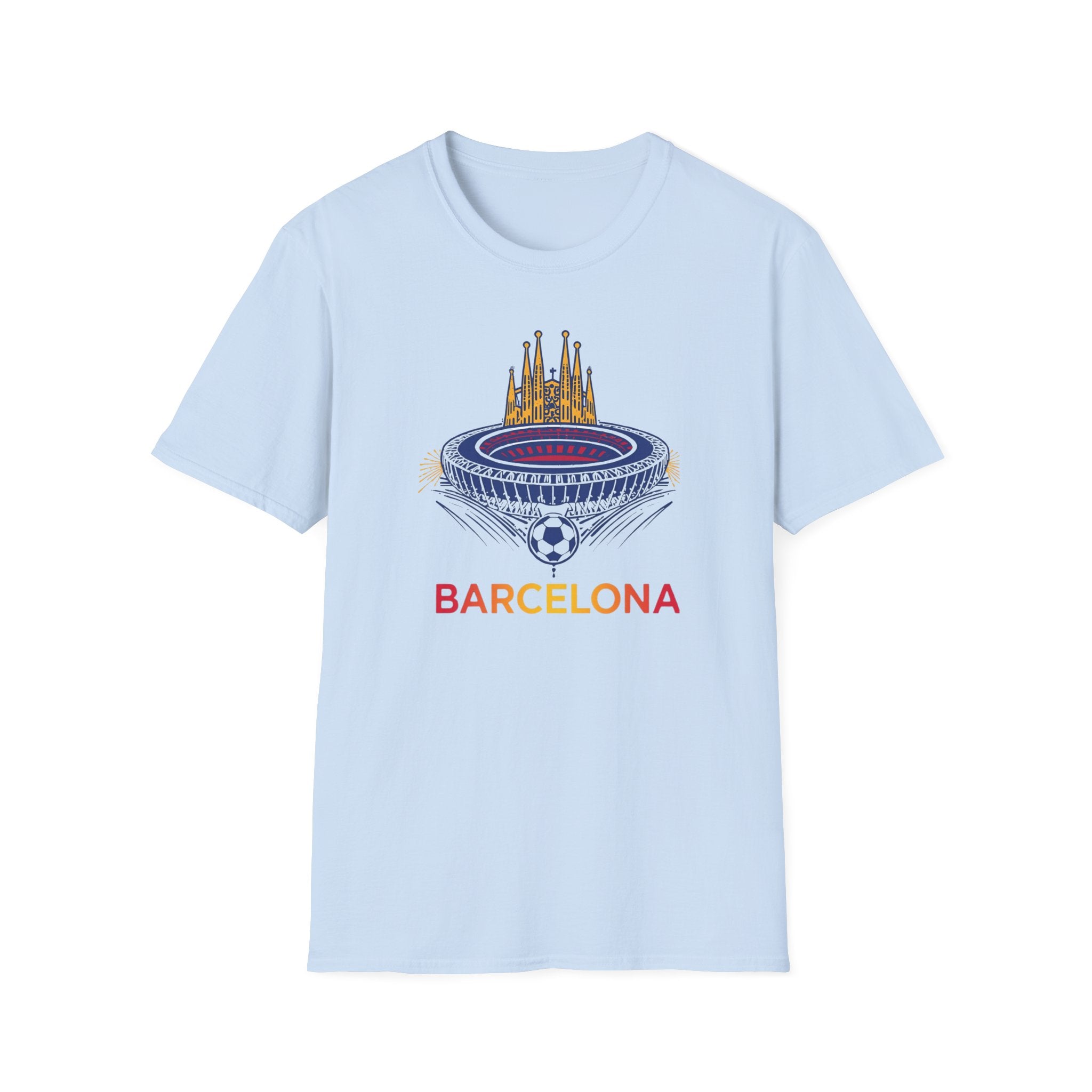 Barcelona Stadium and Sagrada Família Soccer T-Shirt | Football City Design