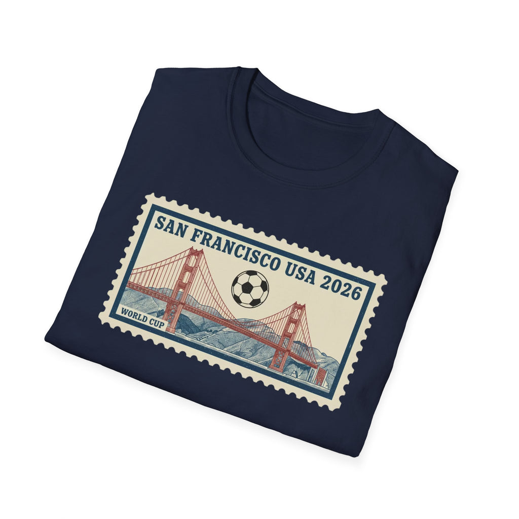 San Francisco 2026 Golden Gate Stamp T-Shirt — Vintage Soccer Postage Design