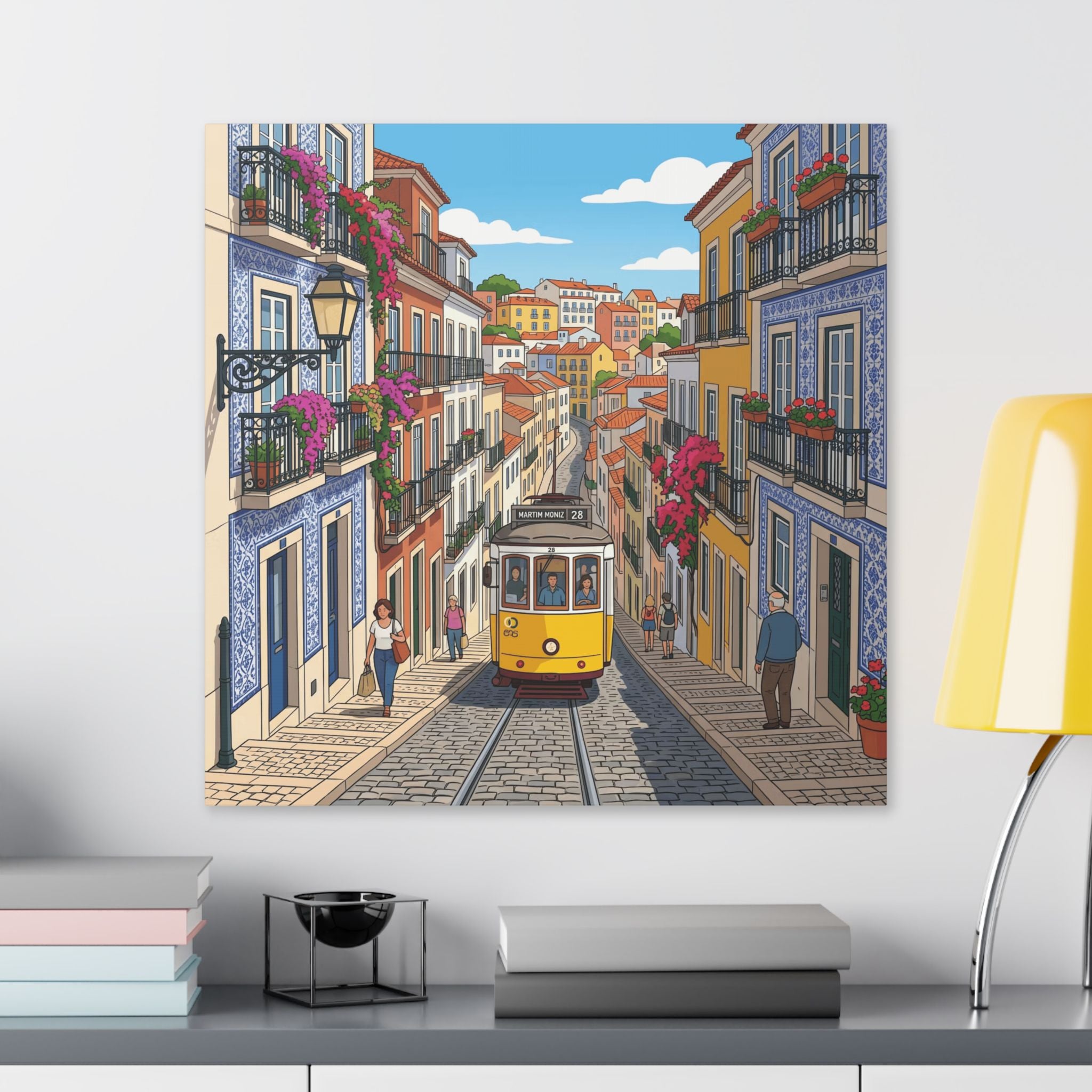 Lisbon Tram Street Canvas Art — Colorful European Cityscape Wall Decor