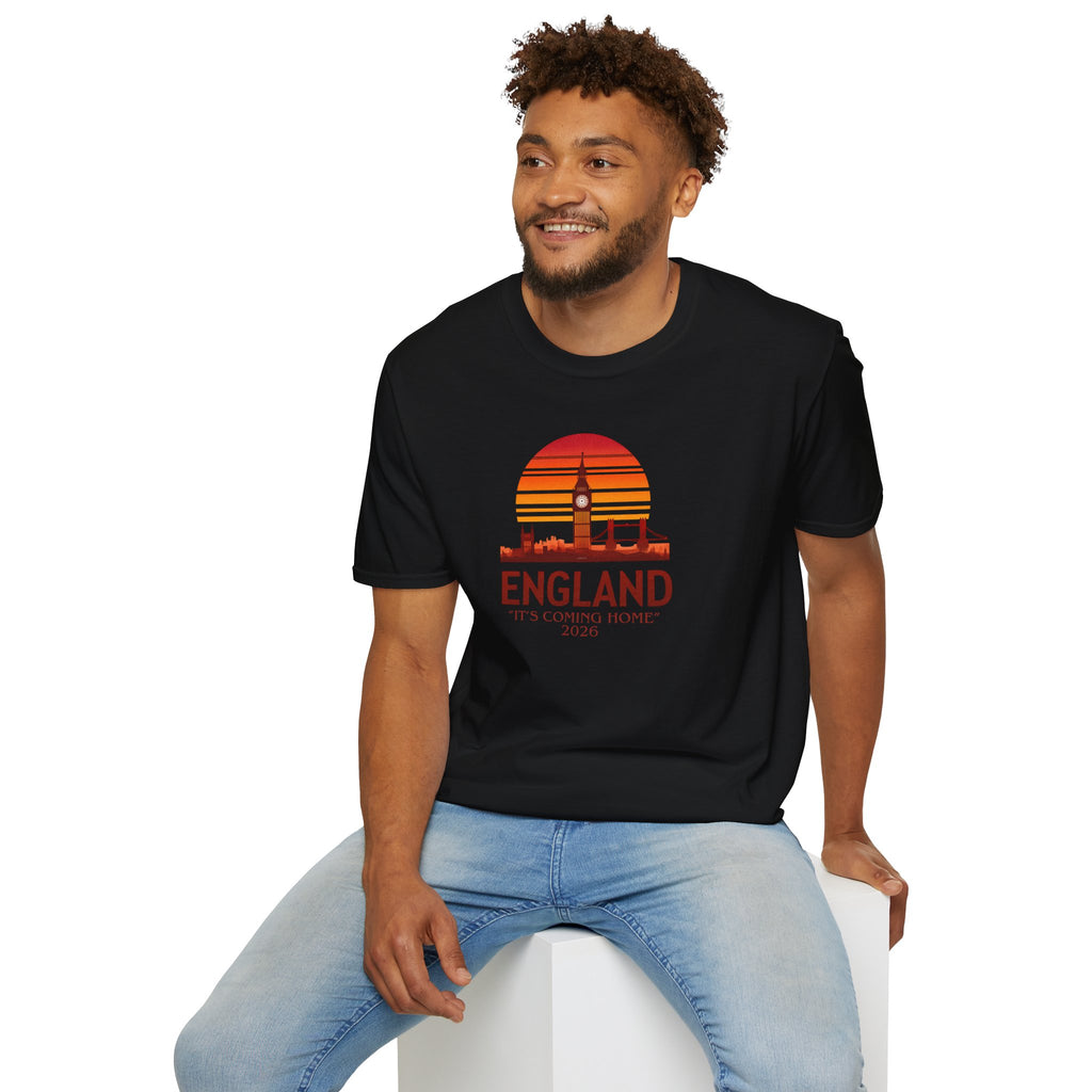 England Skyline World Cup 2026 T‑Shirt — "England It's Coming Home" Retro Sunset Tee