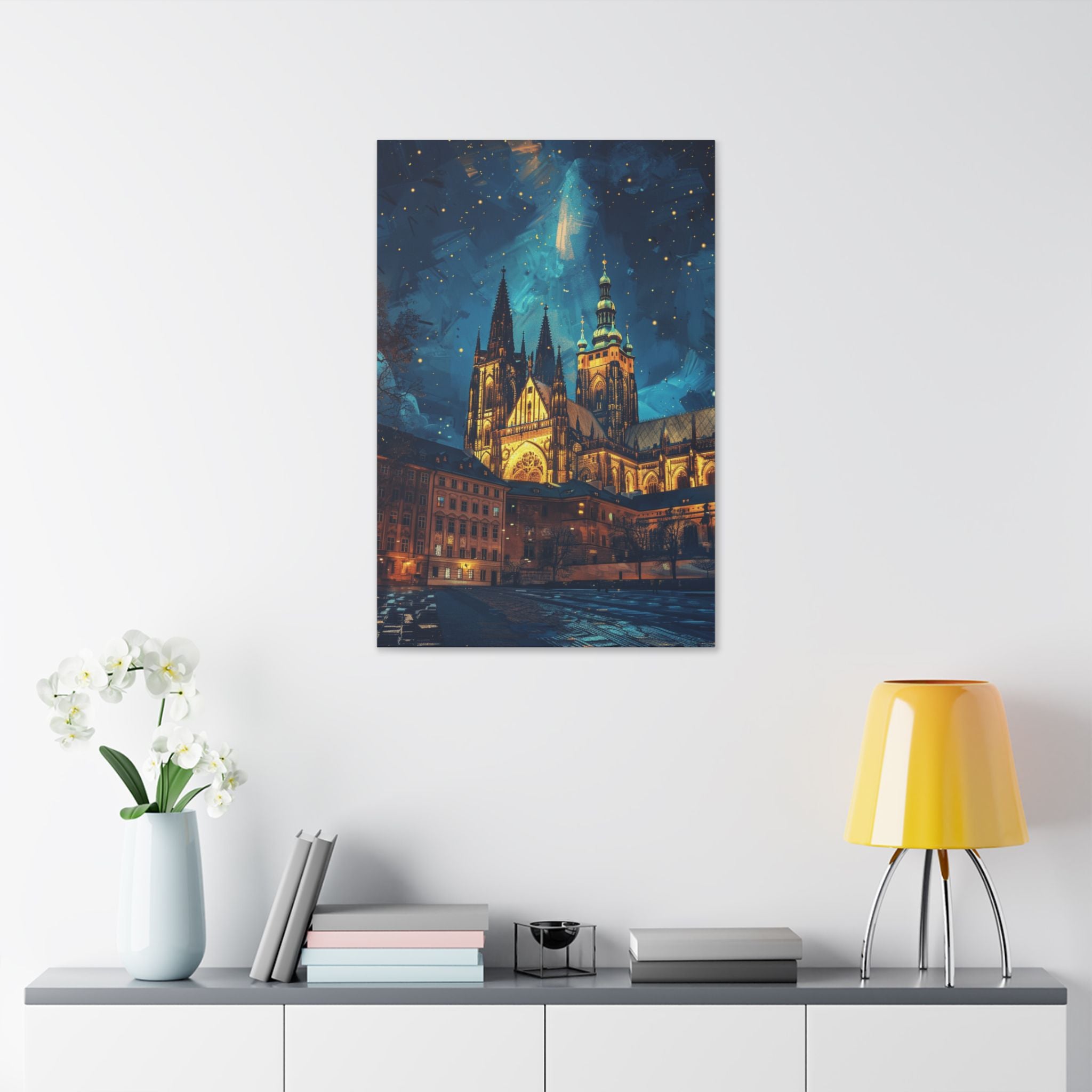 Prague Cathedral Night Skyline Stretched Canvas — Starry Urban Architecture Wall Art