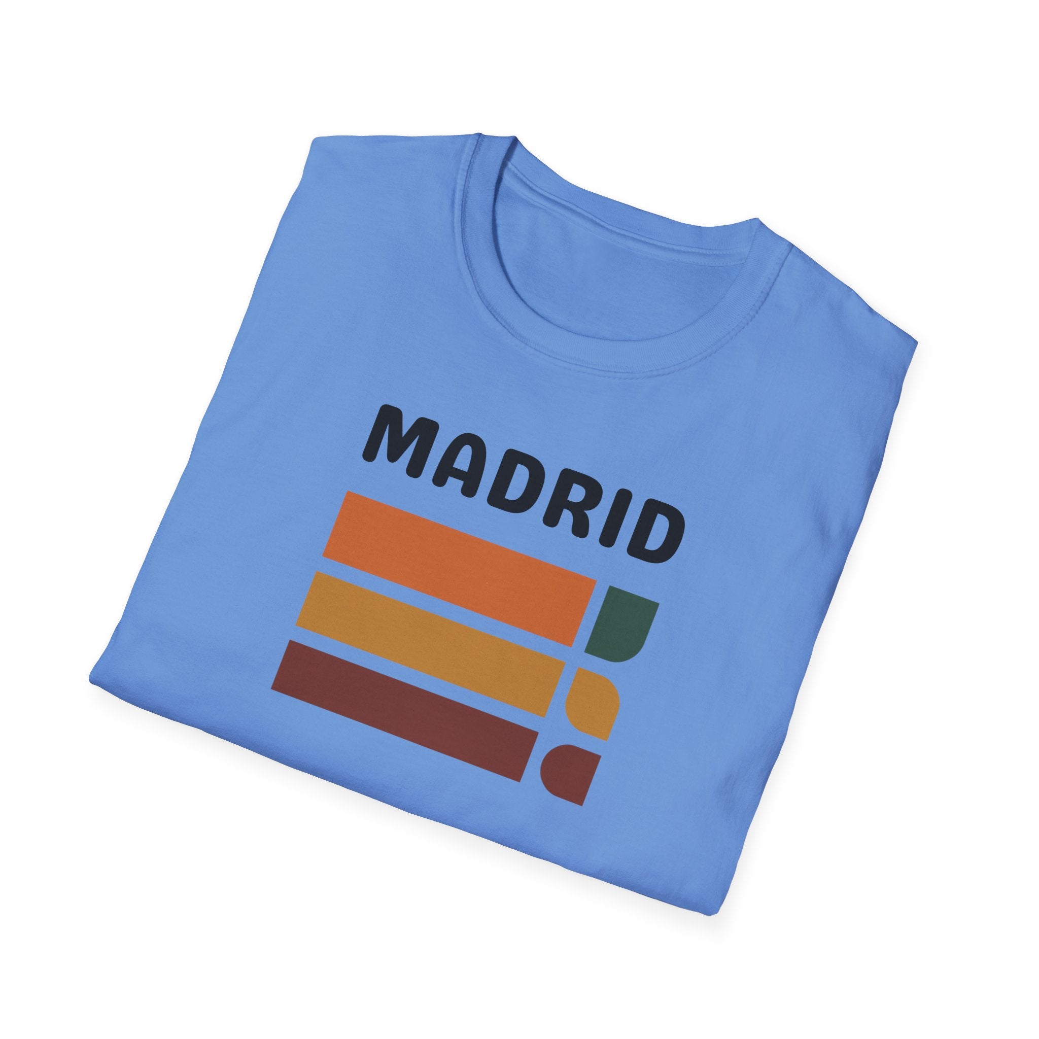 Madrid Retro Stripes T-Shirt | Vintage City Typography, Earth Tone Bars