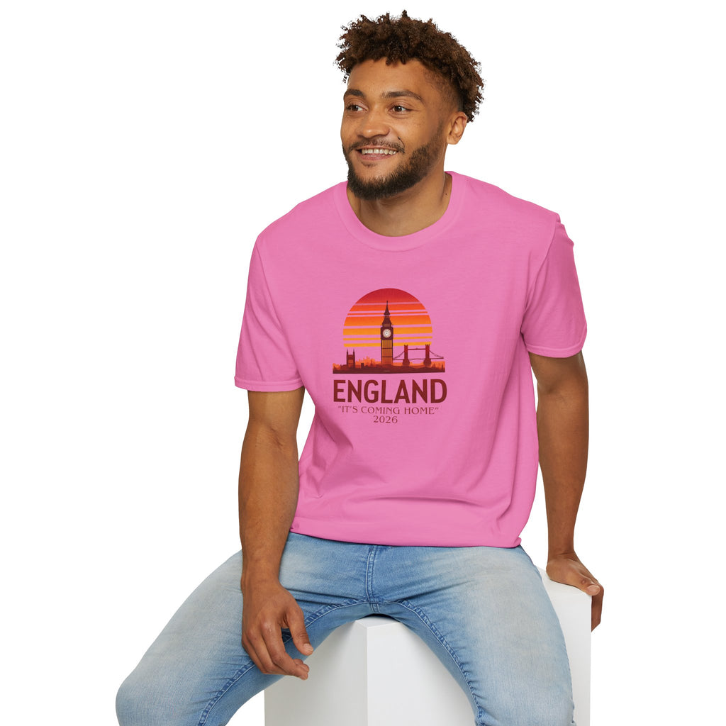 England Skyline World Cup 2026 T‑Shirt — "England It's Coming Home" Retro Sunset Tee