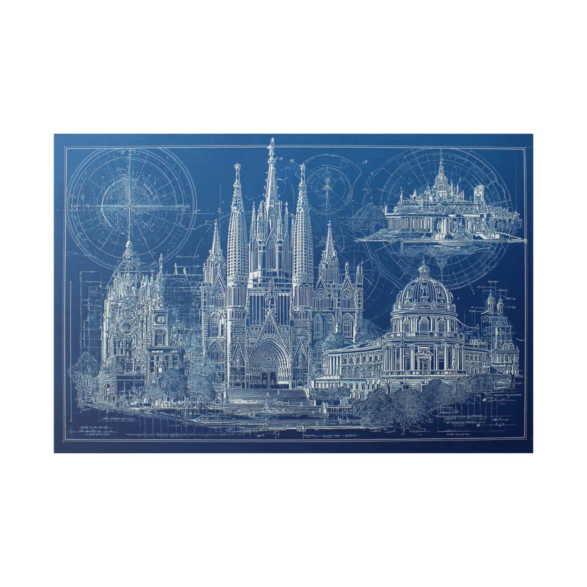 Blueprint Barcelona Canvas Print — Architectural Wall Art, Blueprint / Engraving HORIZONTAL landmarks, Sagrada Família, Park Güell, Casa Batlló