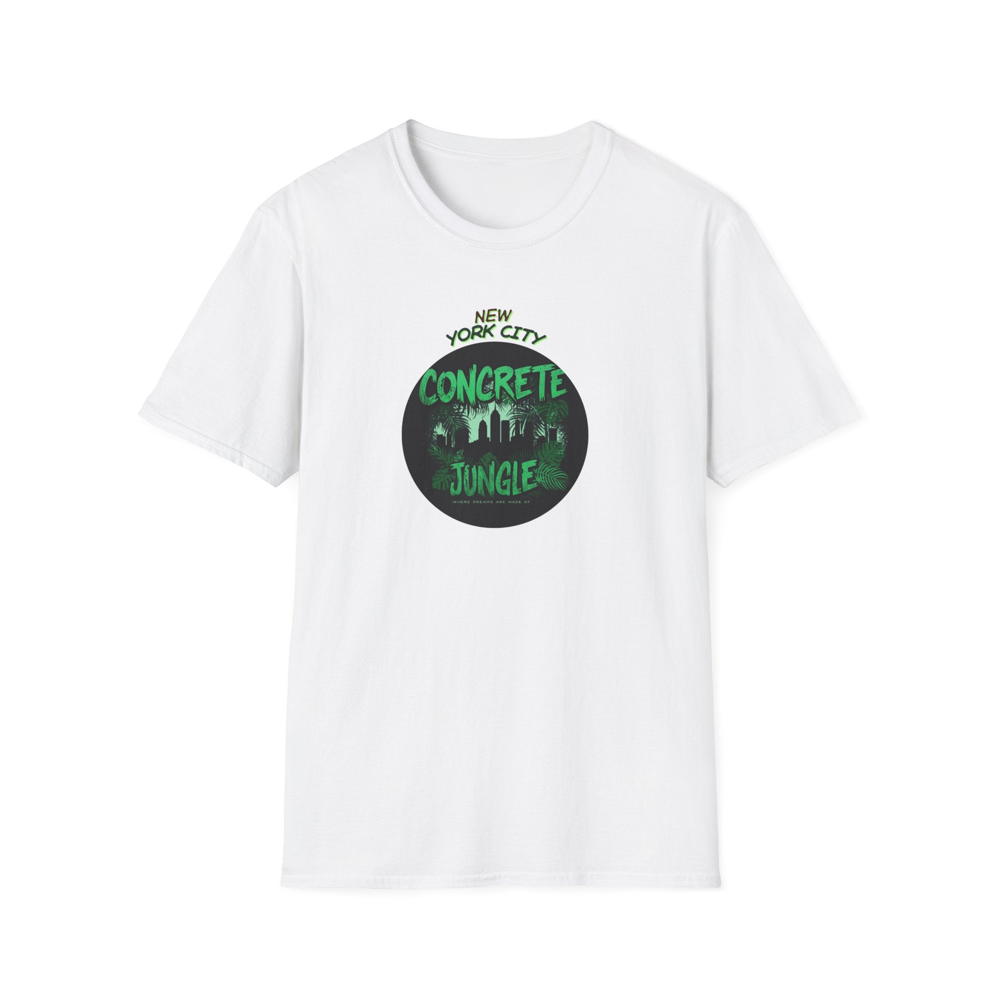 New York City Concrete Jungle T-Shirt | Skyline Silhouette, Green Badge