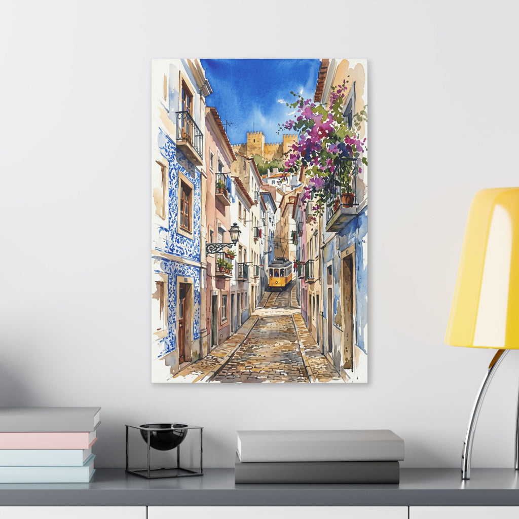Lisbon Street Watercolor Canvas Print — Classic European Alley Travel Wall Art