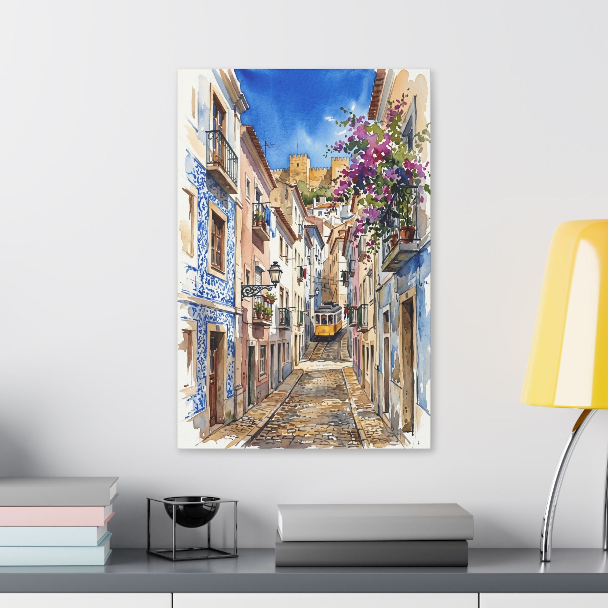 Lisbon Street Watercolor Canvas Print — Classic European Alley Travel Wall Art