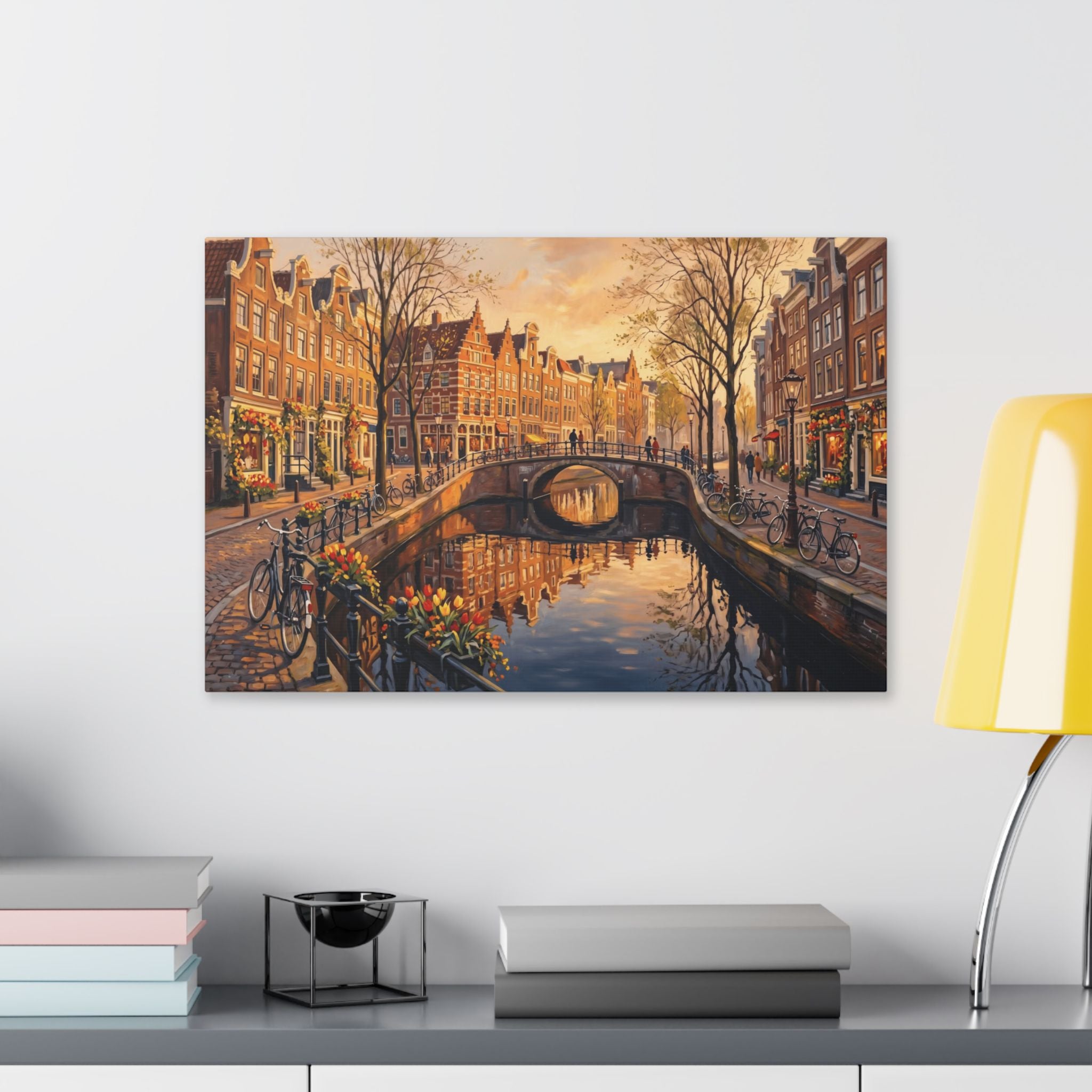 Amsterdam Canal Sunset Stretched Canvas Wall Art