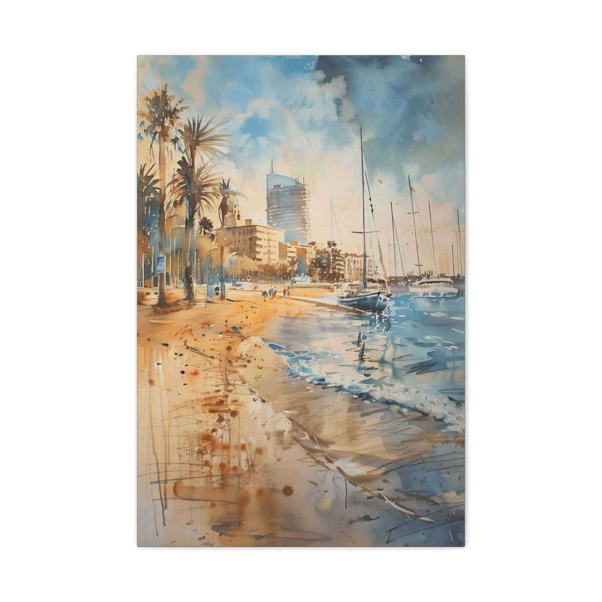 Barcelona Coastal Harbor Beach Stretched Canvas — Seaside Watercolor Wall Art