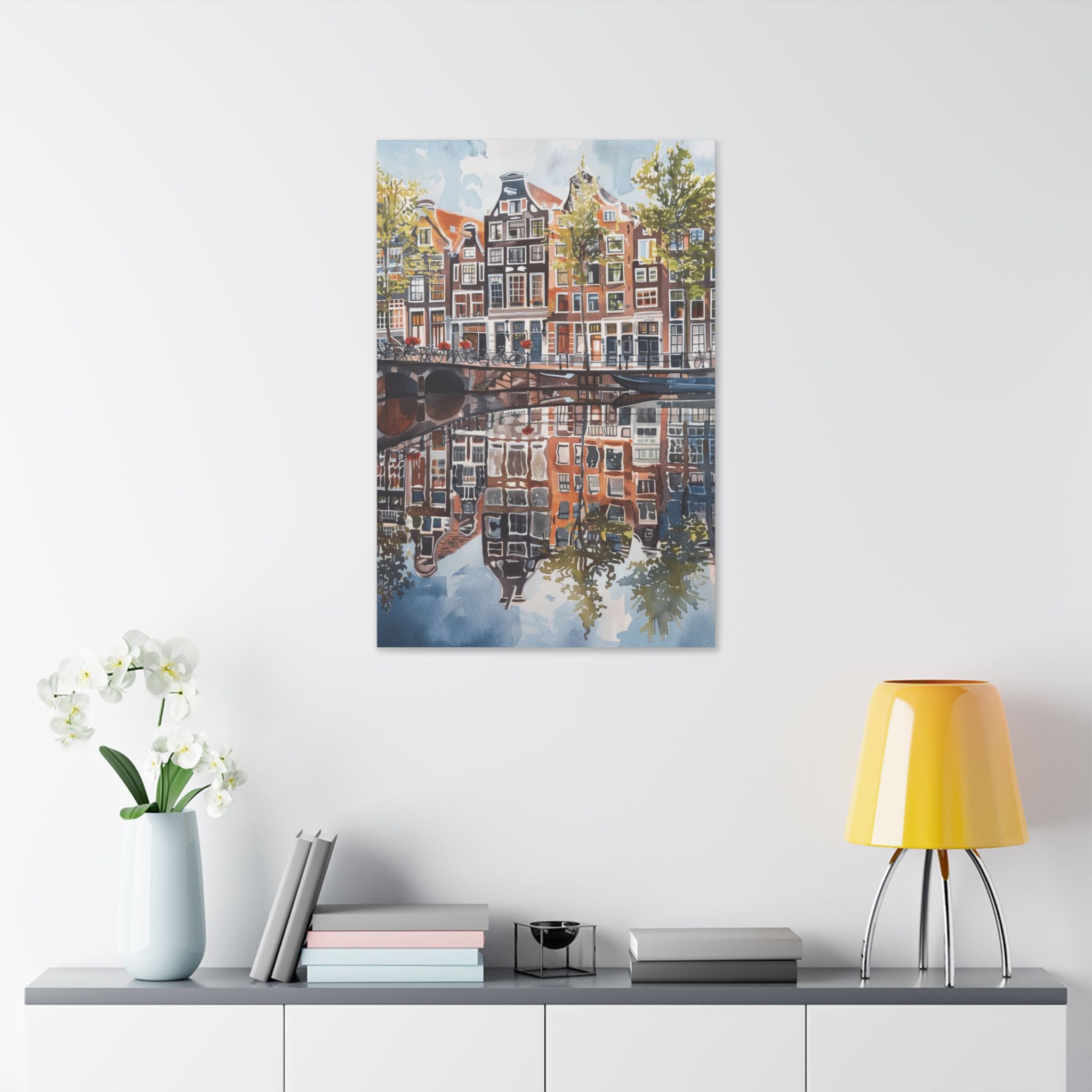 Amsterdam Canal Reflection Canvas Print — European Cityscape Wall Art