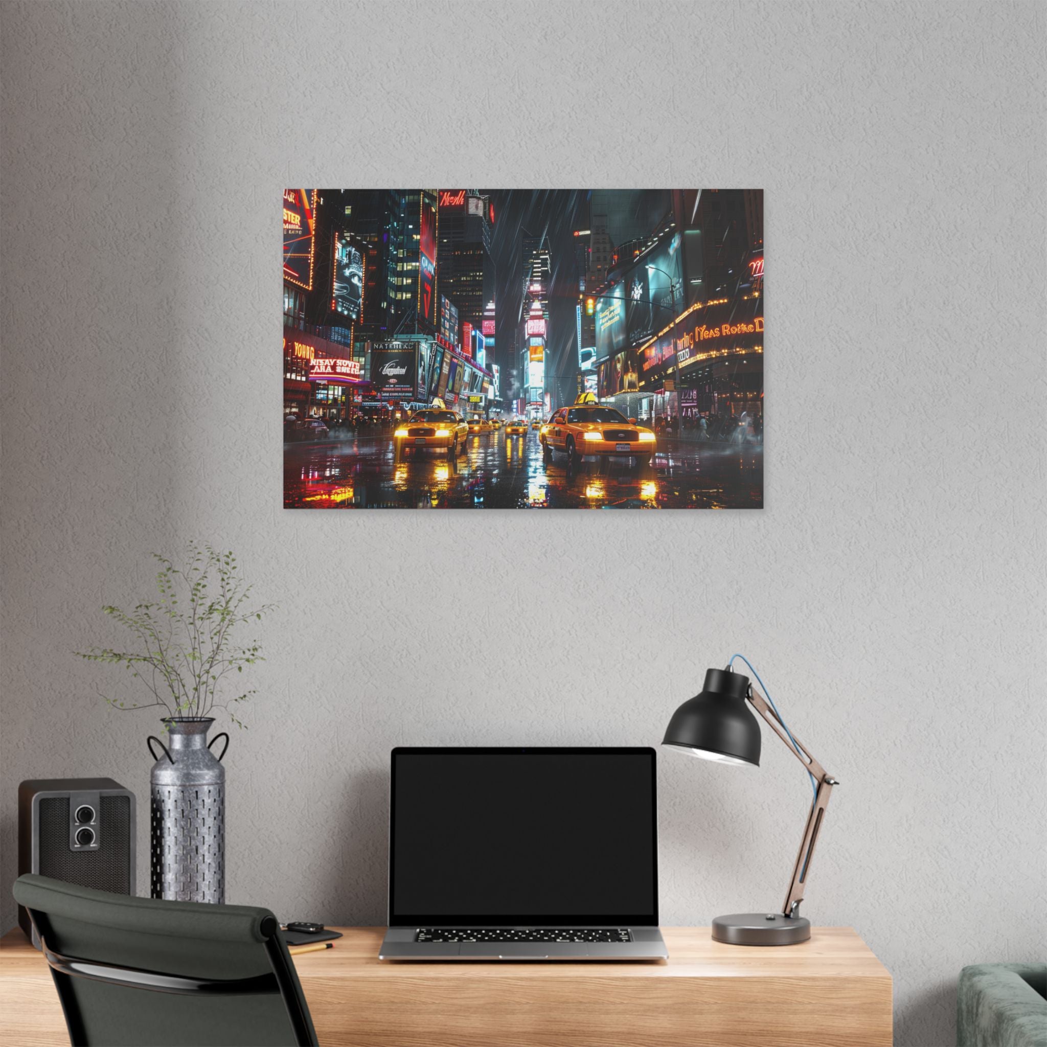 New York Night Street Canvas Print — Rainy Times Square Taxi Wall Art