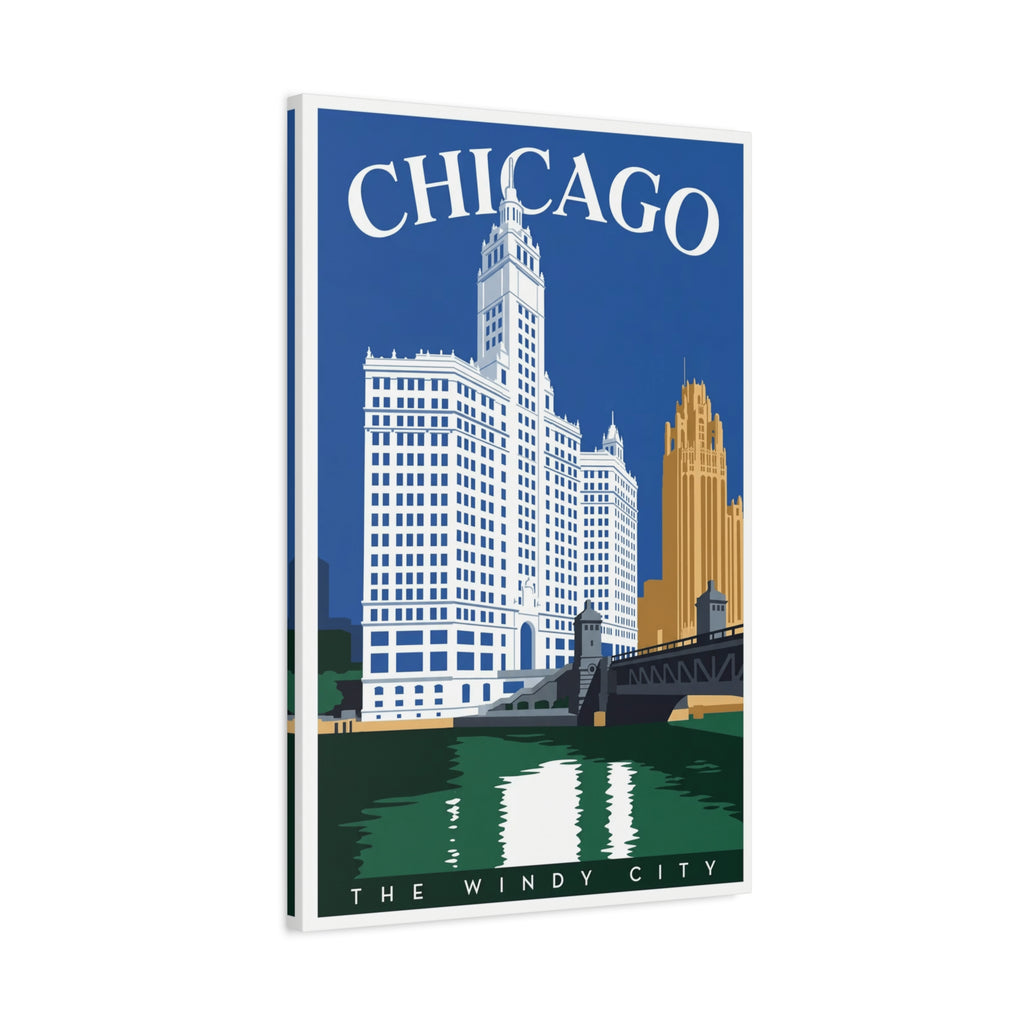 Chicago Skyline Stretched Canvas – The Windy City Retro Travel Art
