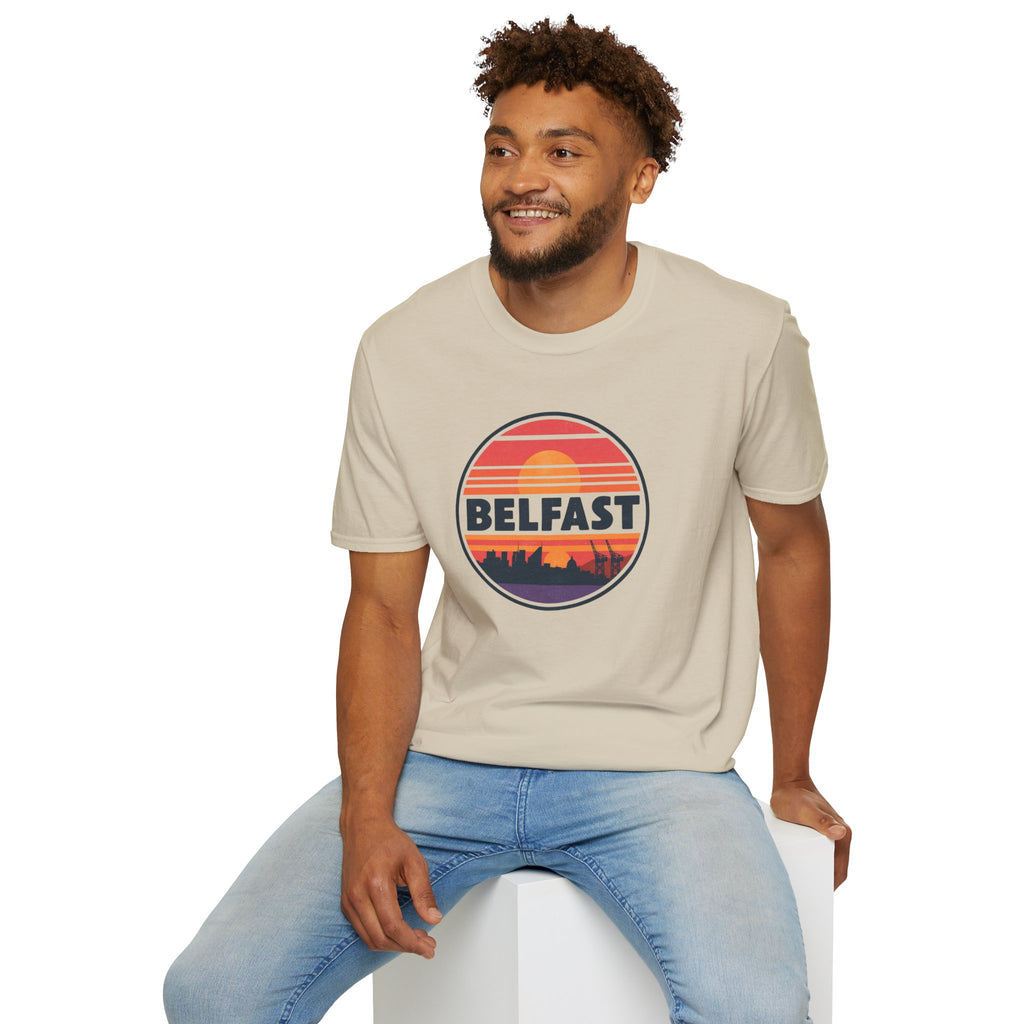 Belfast Sunset T-Shirt — Retro Skyline Graphic Tee