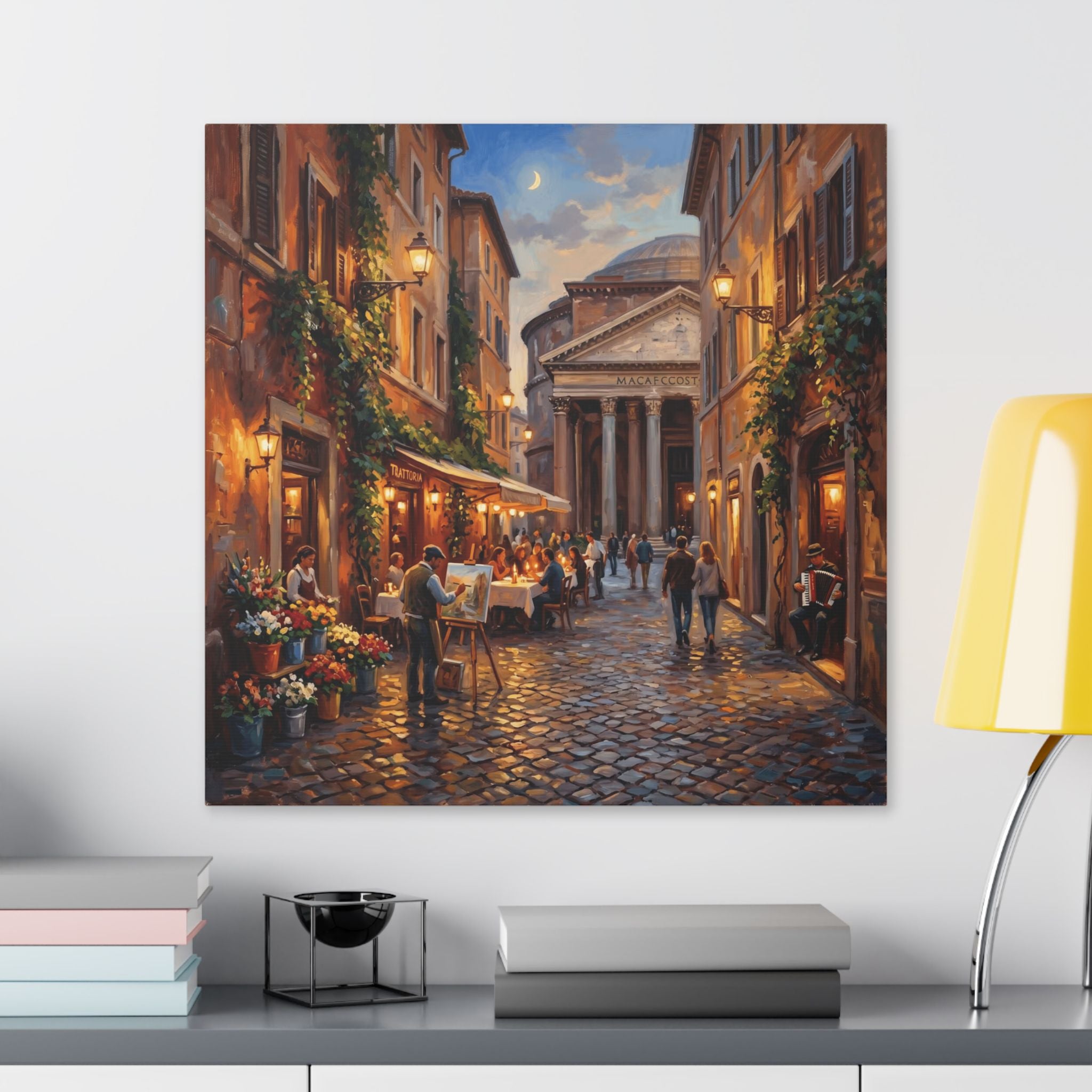 Romantic European Street Canvas — Evening Cafe by the Pantheon