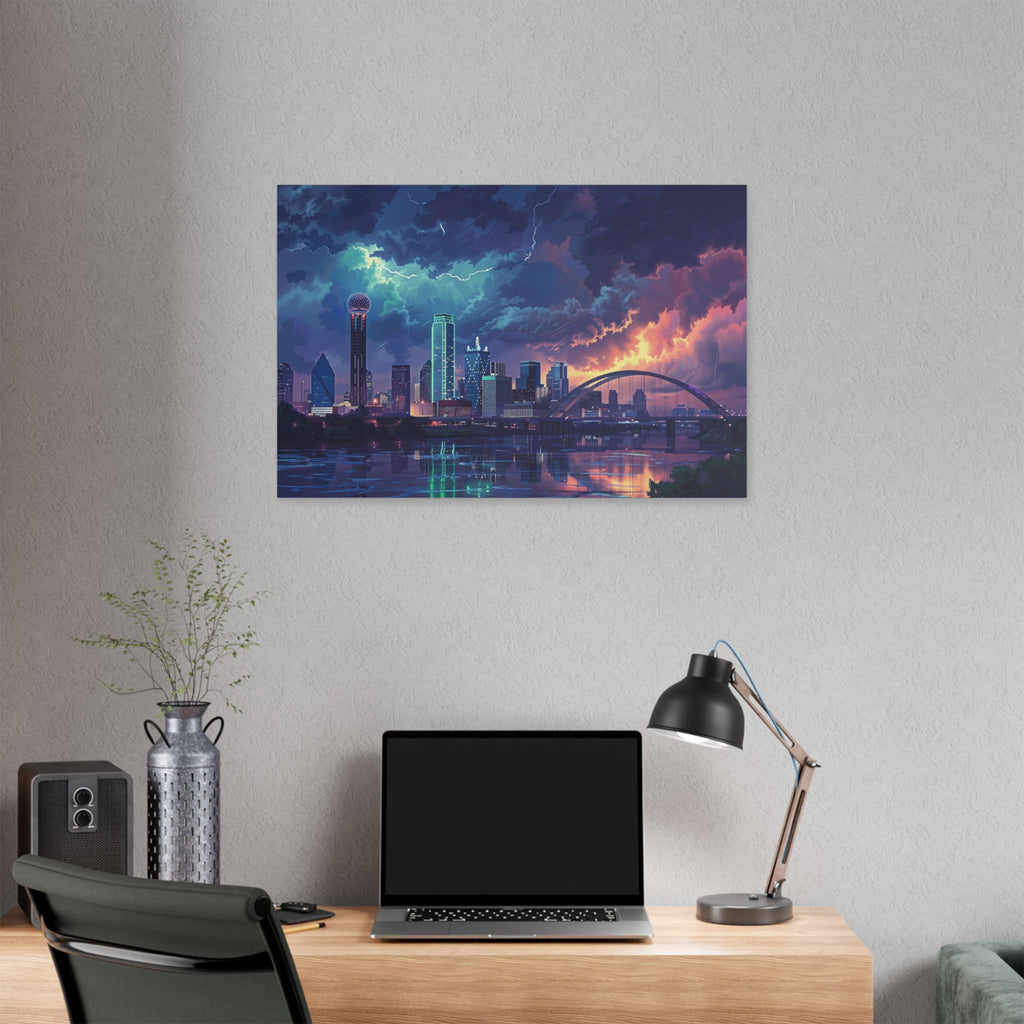 Dallas Cityscape Canvas Print — Stormy Sunset Skyline Wall Art