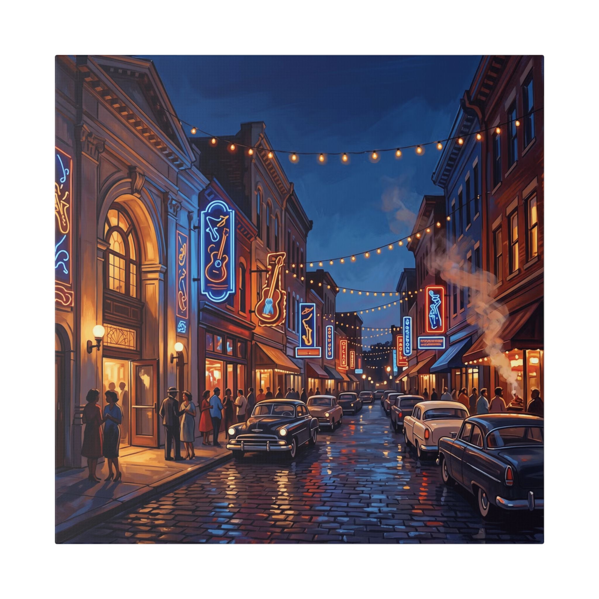 Kansas City 18th and Vine Jazz District -Vintage Neon Main Street Canvas Print — Retro Nighttime Cityscape Wall Art