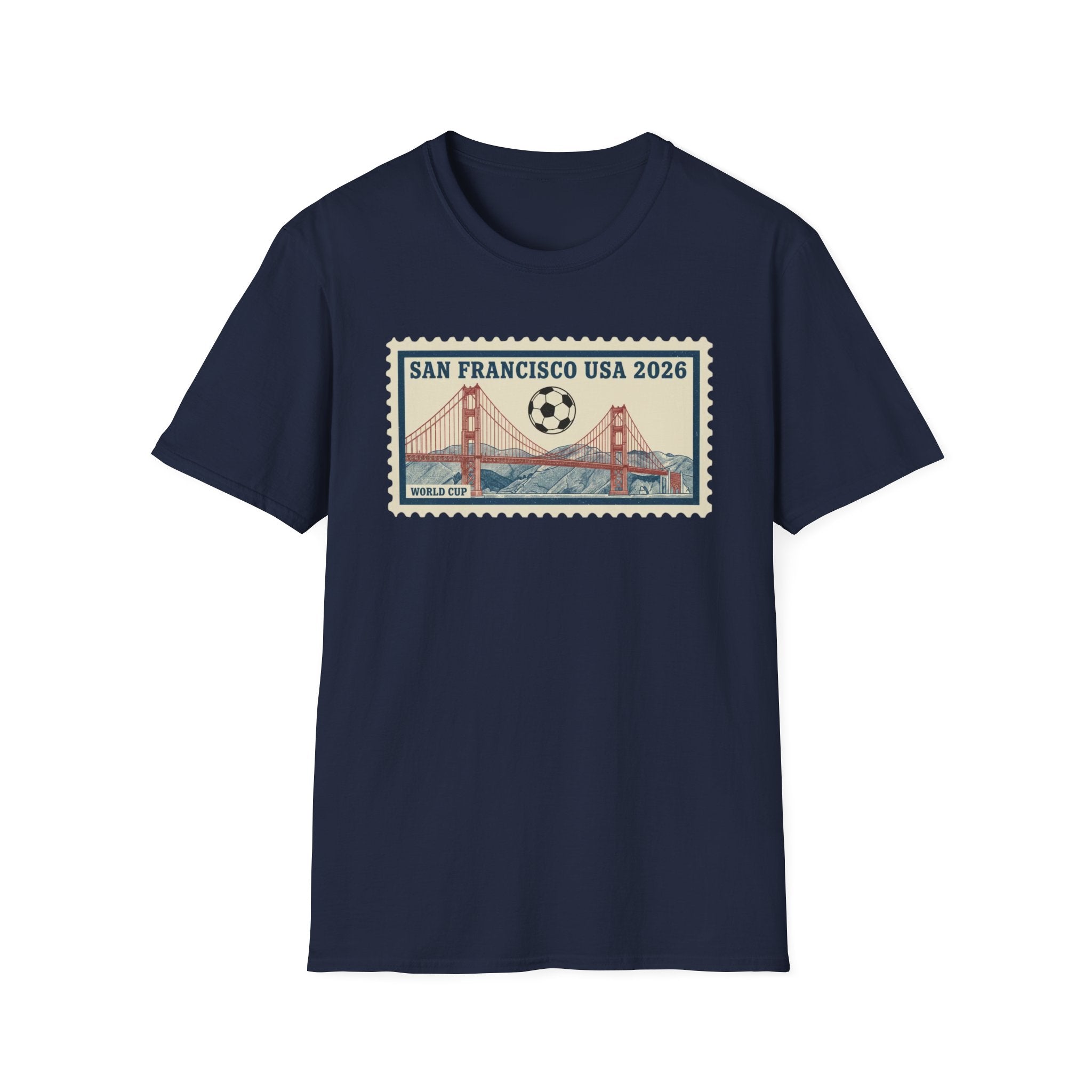 San Francisco 2026 Golden Gate Stamp T-Shirt — Vintage Soccer Postage Design