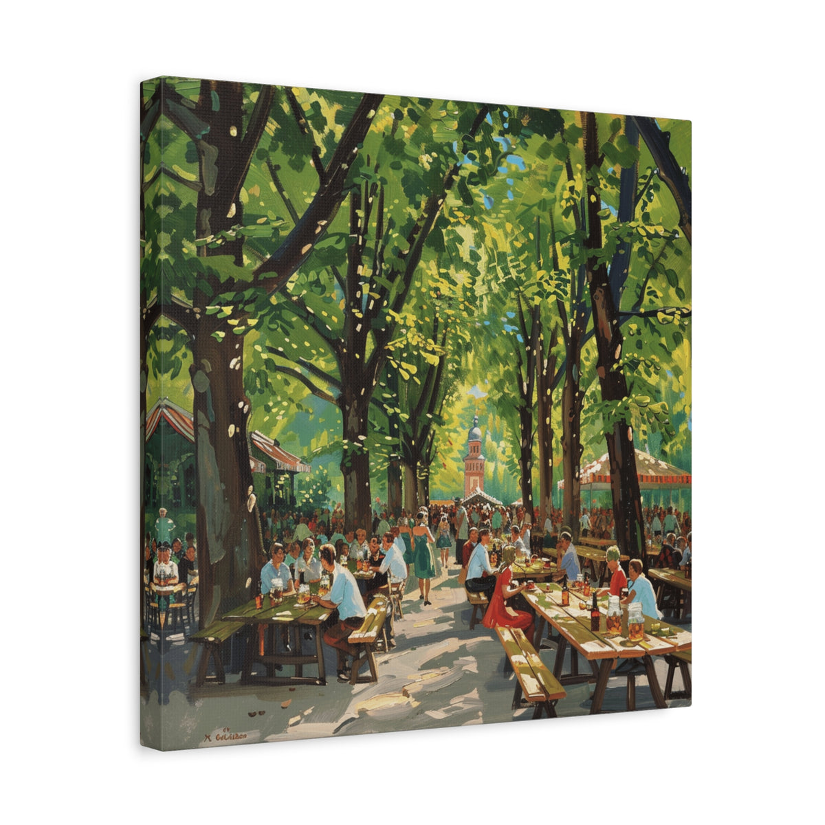 Biergarten Canvas Wall Art — Sunny Tree-Lined Outdoor Market Scene