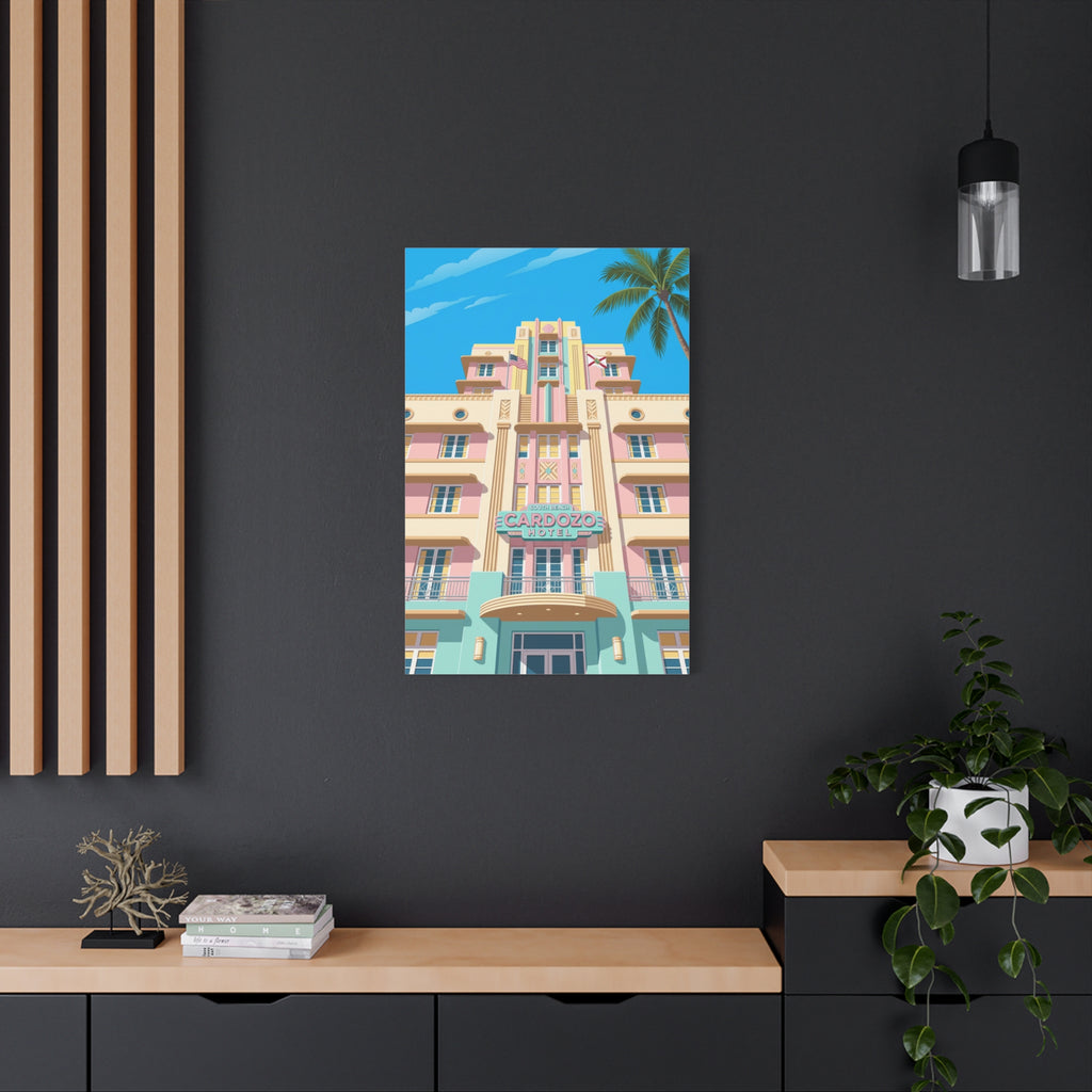Art Deco Beach Hotel Canvas — Miami Palm Retro Stretched Wall Art