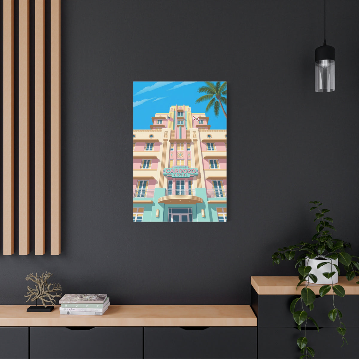 Art Deco Beach Hotel Canvas — Miami Palm Retro Stretched Wall Art