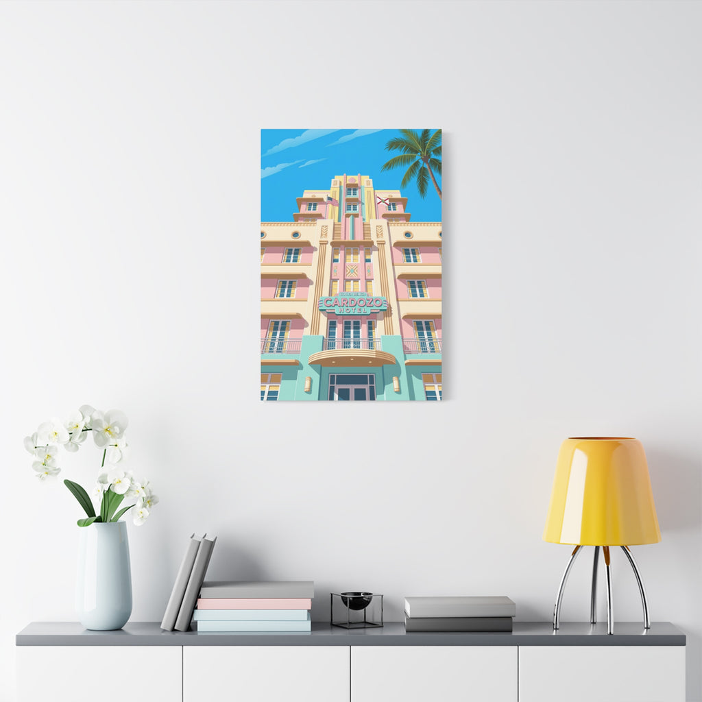 Art Deco Beach Hotel Canvas — Miami Palm Retro Stretched Wall Art